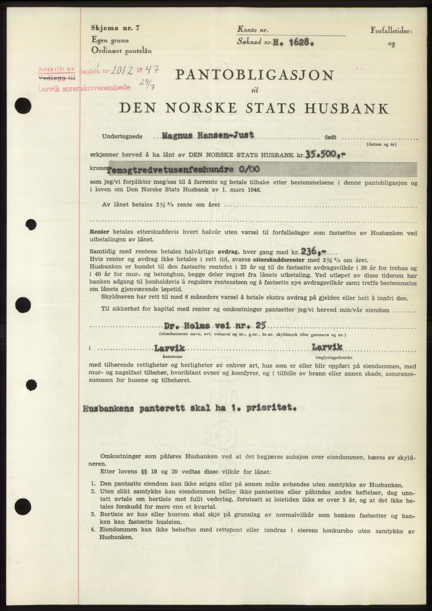 Larvik sorenskriveri, AV/SAKO-A-83/G/Ga/Gac/L0012: Mortgage book no. B-12, 1947-1947, Diary no: : 2012/1947
