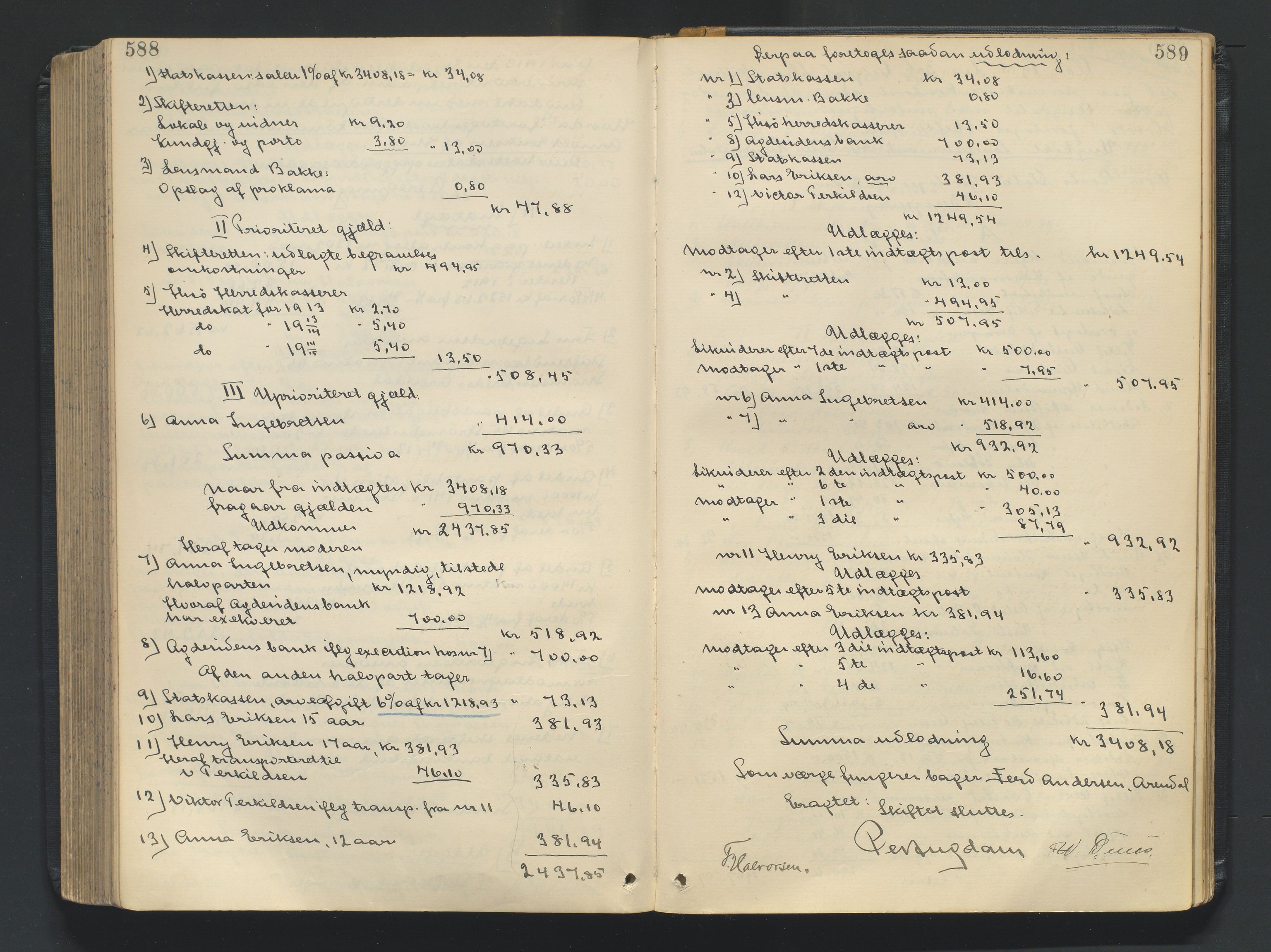 Nedenes sorenskriveri, AV/SAK-1221-0006/H/Hc/L0020: Skifteutlodningsprotokoll nr 6 med register, 1904-1913, p. 588-589