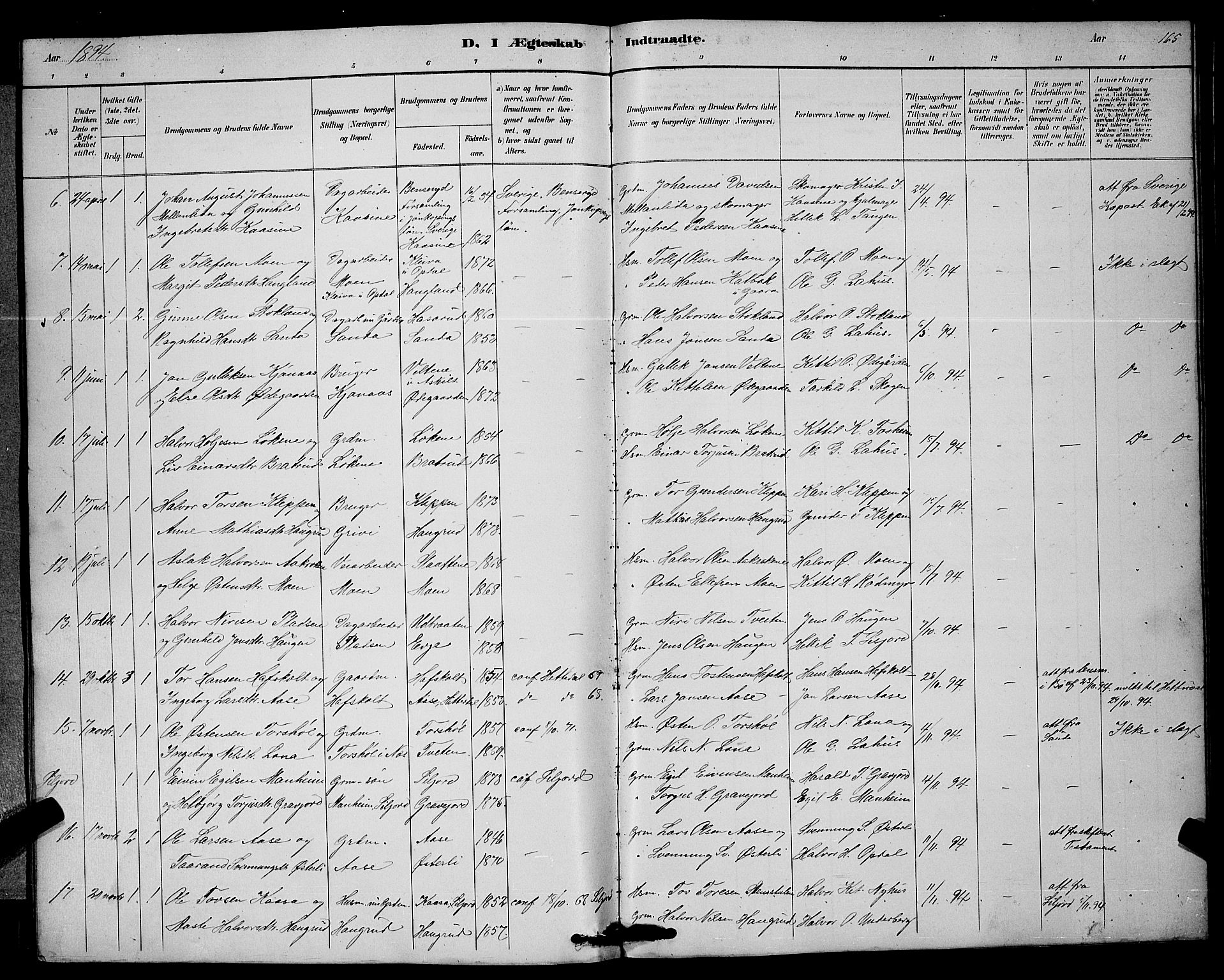 Bø kirkebøker, SAKO/A-257/G/Ga/L0005: Parish register (copy) no. 5, 1883-1897, p. 165
