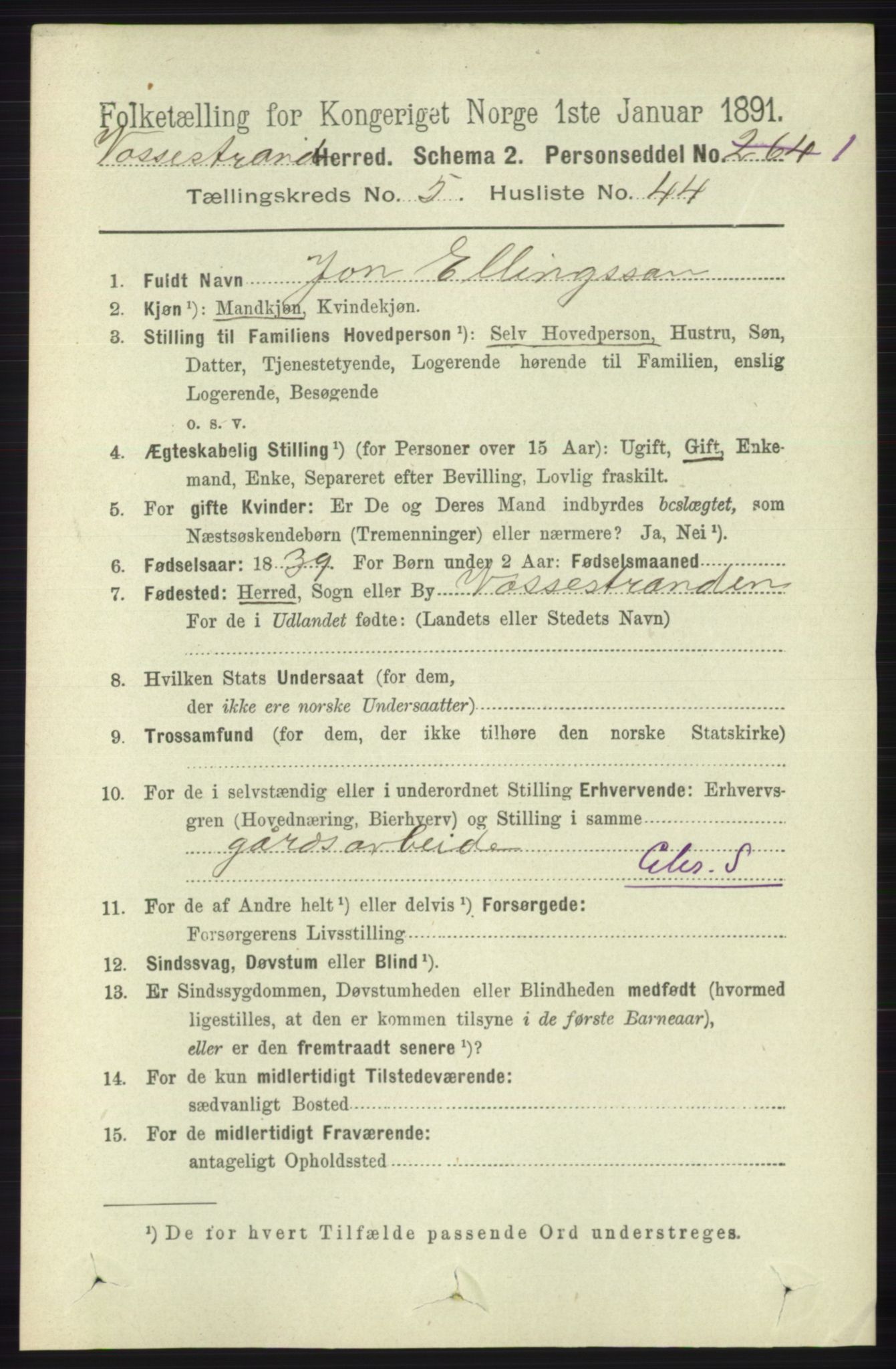 RA, 1891 census for 1236 Vossestrand, 1891, p. 2160