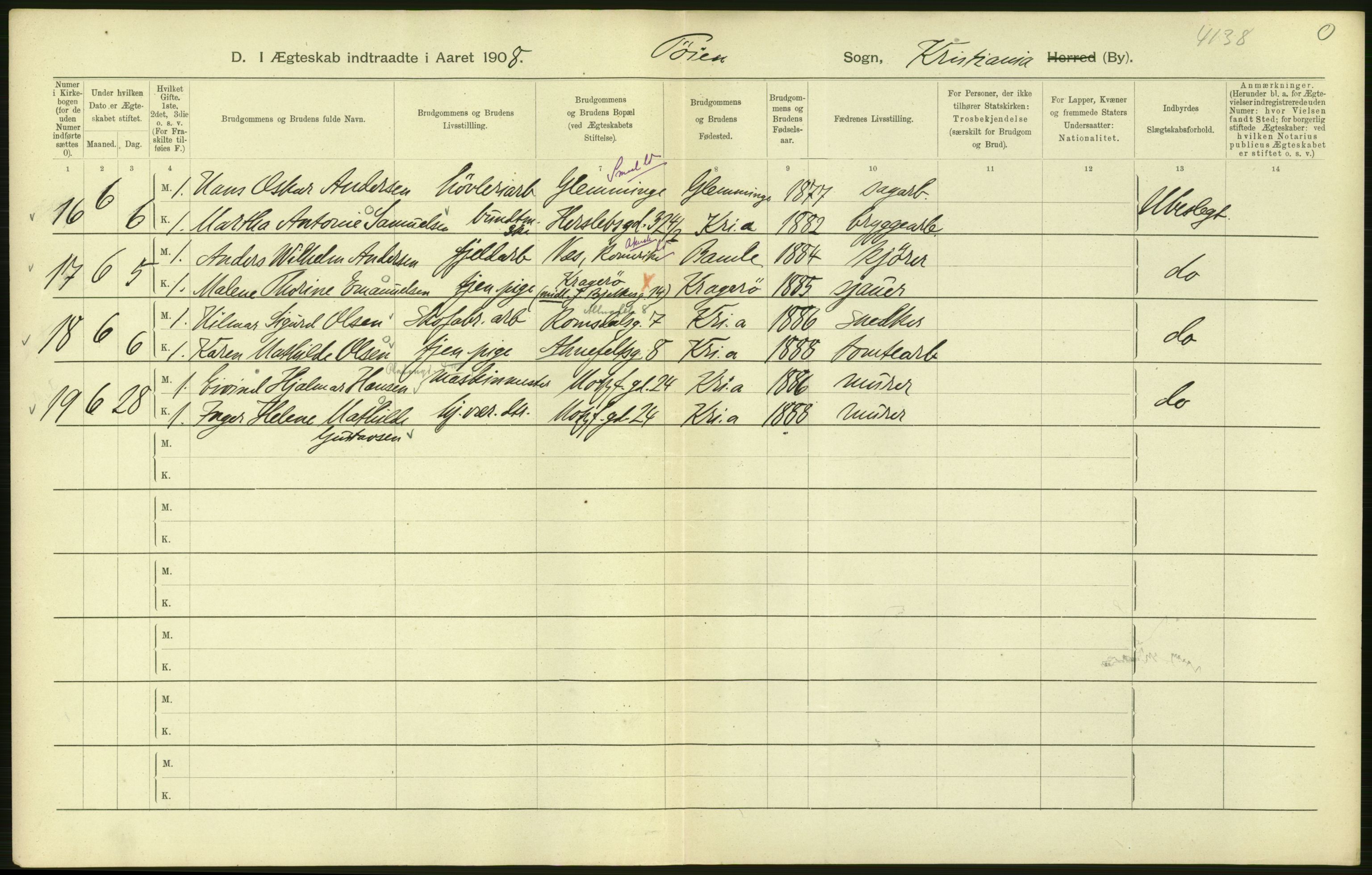 Statistisk sentralbyrå, Sosiodemografiske emner, Befolkning, AV/RA-S-2228/D/Df/Dfa/Dfaf/L0007: Kristiania: Gifte, 1908, p. 82