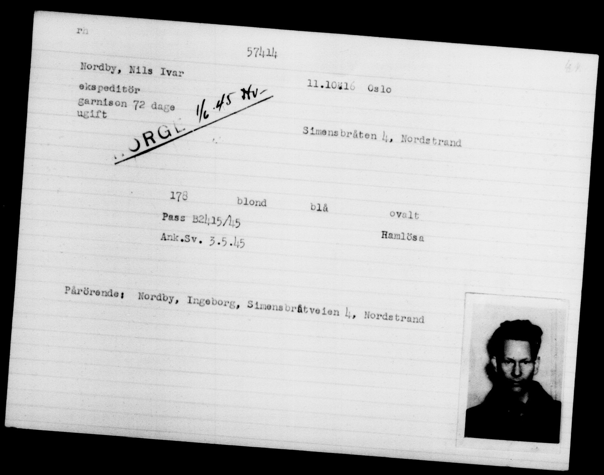 Utenriksstasjonene, Legasjonen i Stockholm, Flyktningkontoret, AV/RA-S-6753/V/Va/L0020: Kjesäterkartoteket, flyktninger med registreringsnr. 55000-58245, 1940-1945, p. 2413