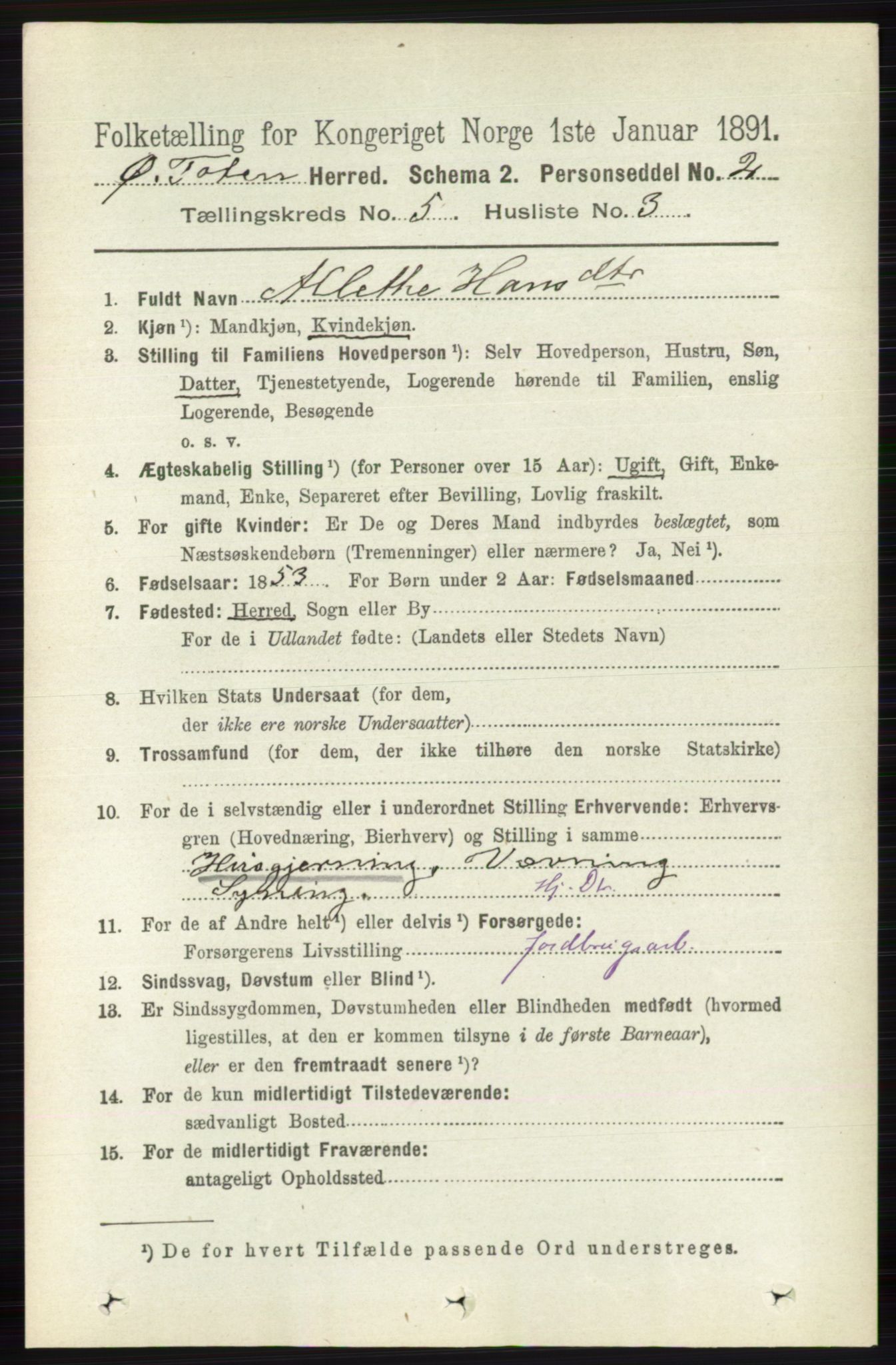 RA, 1891 census for 0528 Østre Toten, 1891, p. 3189