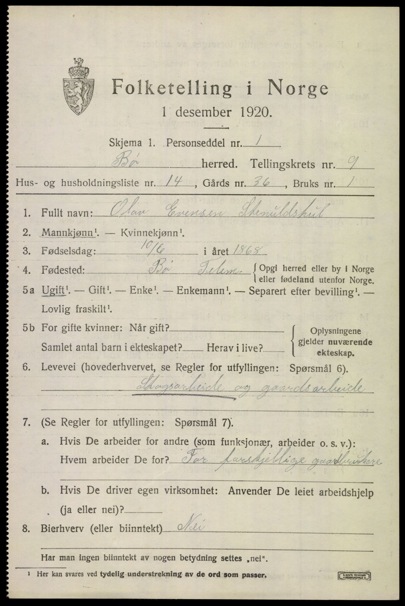 SAKO, 1920 census for Bø (Telemark), 1920, p. 6552