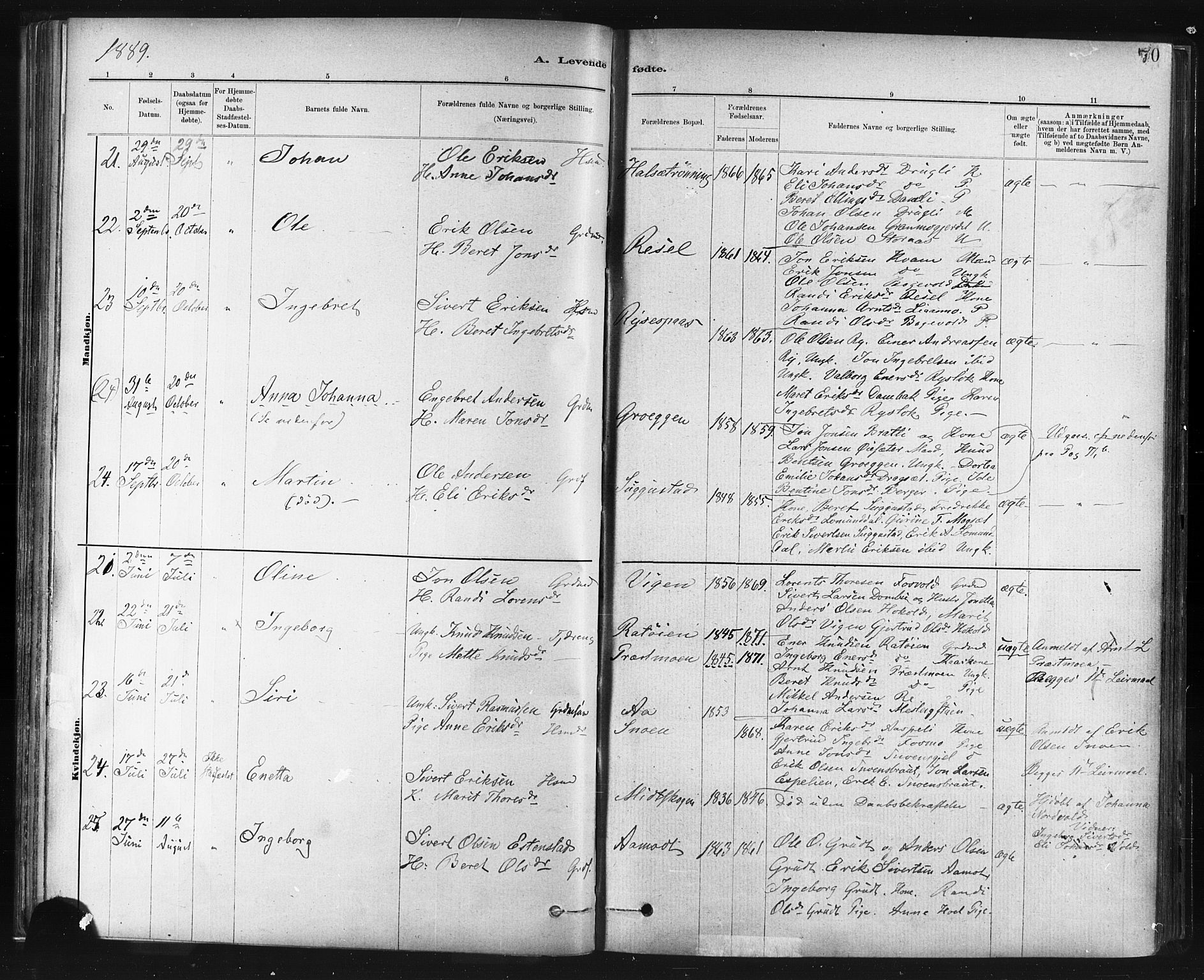 Ministerialprotokoller, klokkerbøker og fødselsregistre - Sør-Trøndelag, AV/SAT-A-1456/672/L0857: Parish register (official) no. 672A09, 1882-1893, p. 70