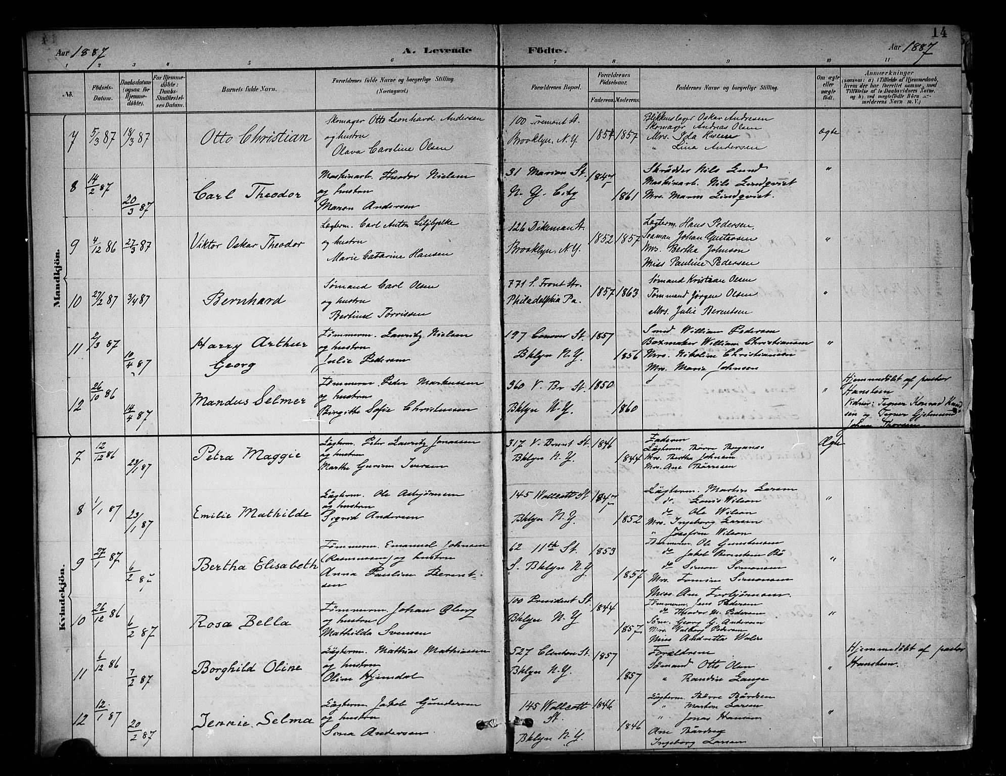 Den norske sjømannsmisjon i utlandet/New York, SAB/SAB/PA-0110/H/Ha/L0002: Parish register (official) no. A 2, 1886-1888, p. 14