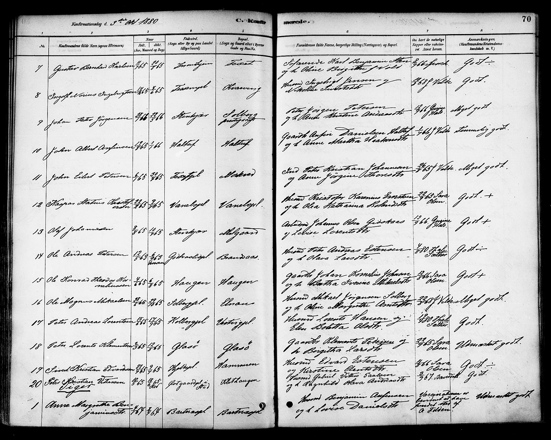 Ministerialprotokoller, klokkerbøker og fødselsregistre - Nord-Trøndelag, AV/SAT-A-1458/741/L0395: Parish register (official) no. 741A09, 1878-1888, p. 70