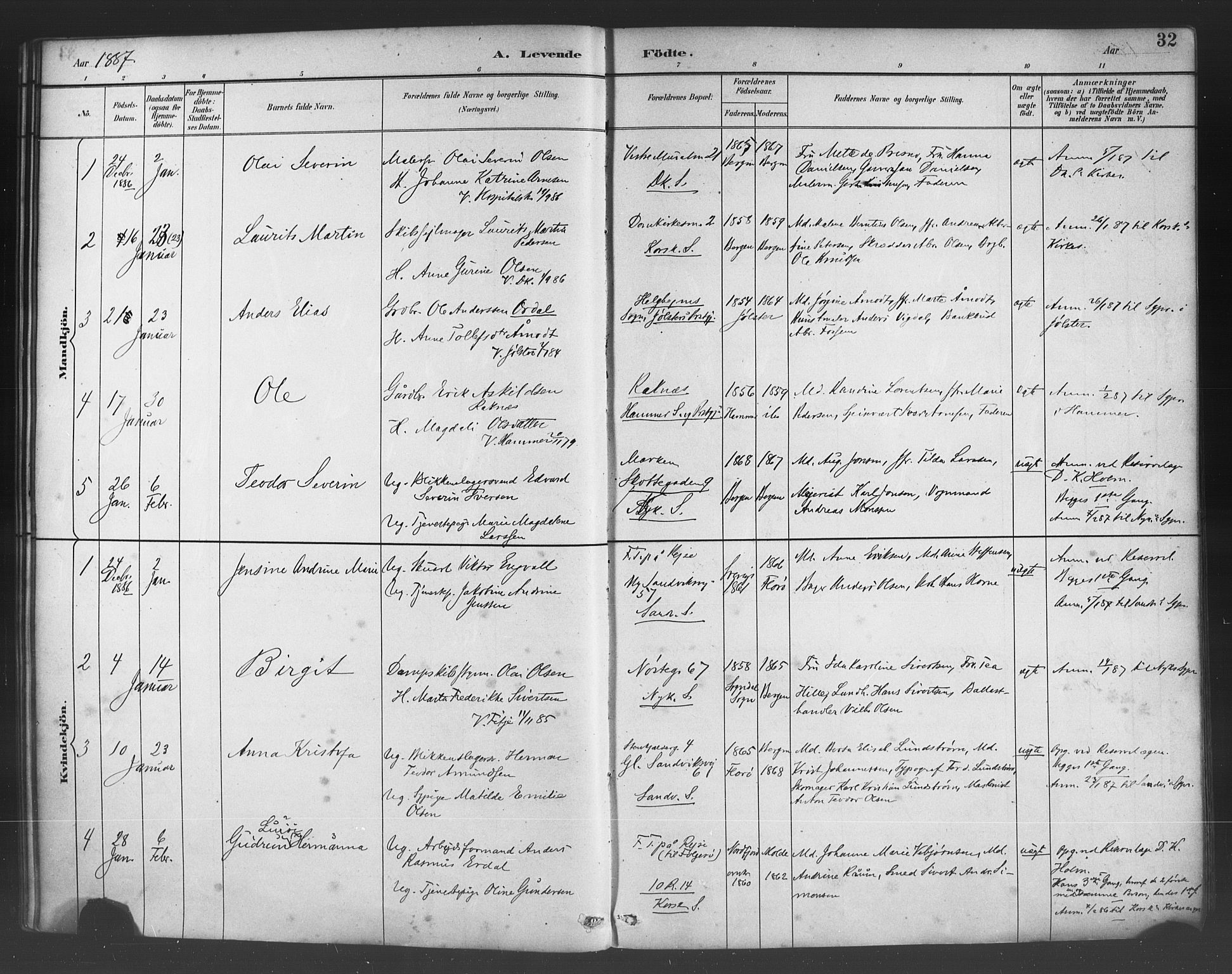 Fødselsstiftelsens sokneprestembete*, SAB/-: Parish register (official) no. A 2, 1884-1900, p. 32
