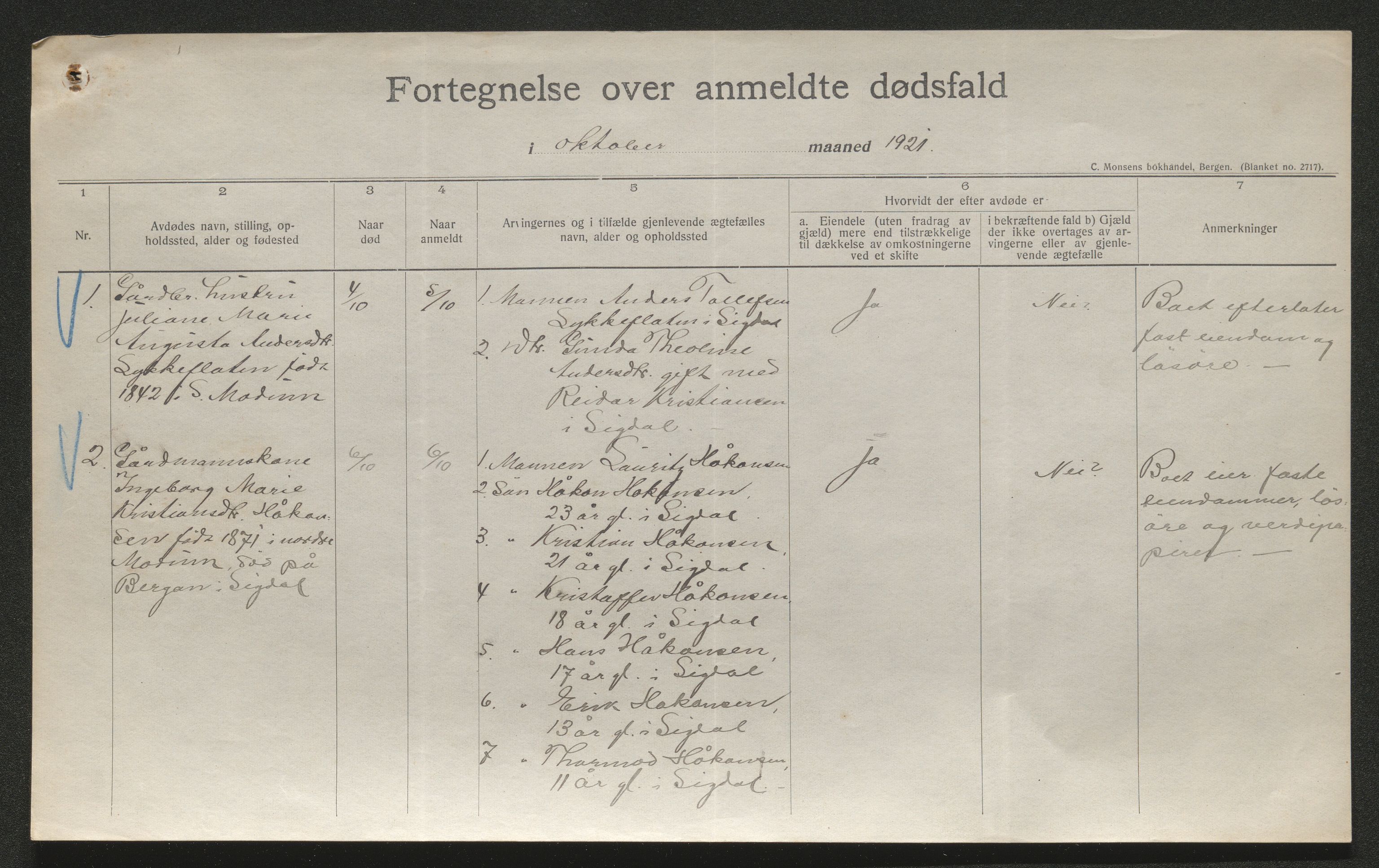 Eiker, Modum og Sigdal sorenskriveri, AV/SAKO-A-123/H/Ha/Hab/L0040: Dødsfallsmeldinger, 1920-1921, p. 1192