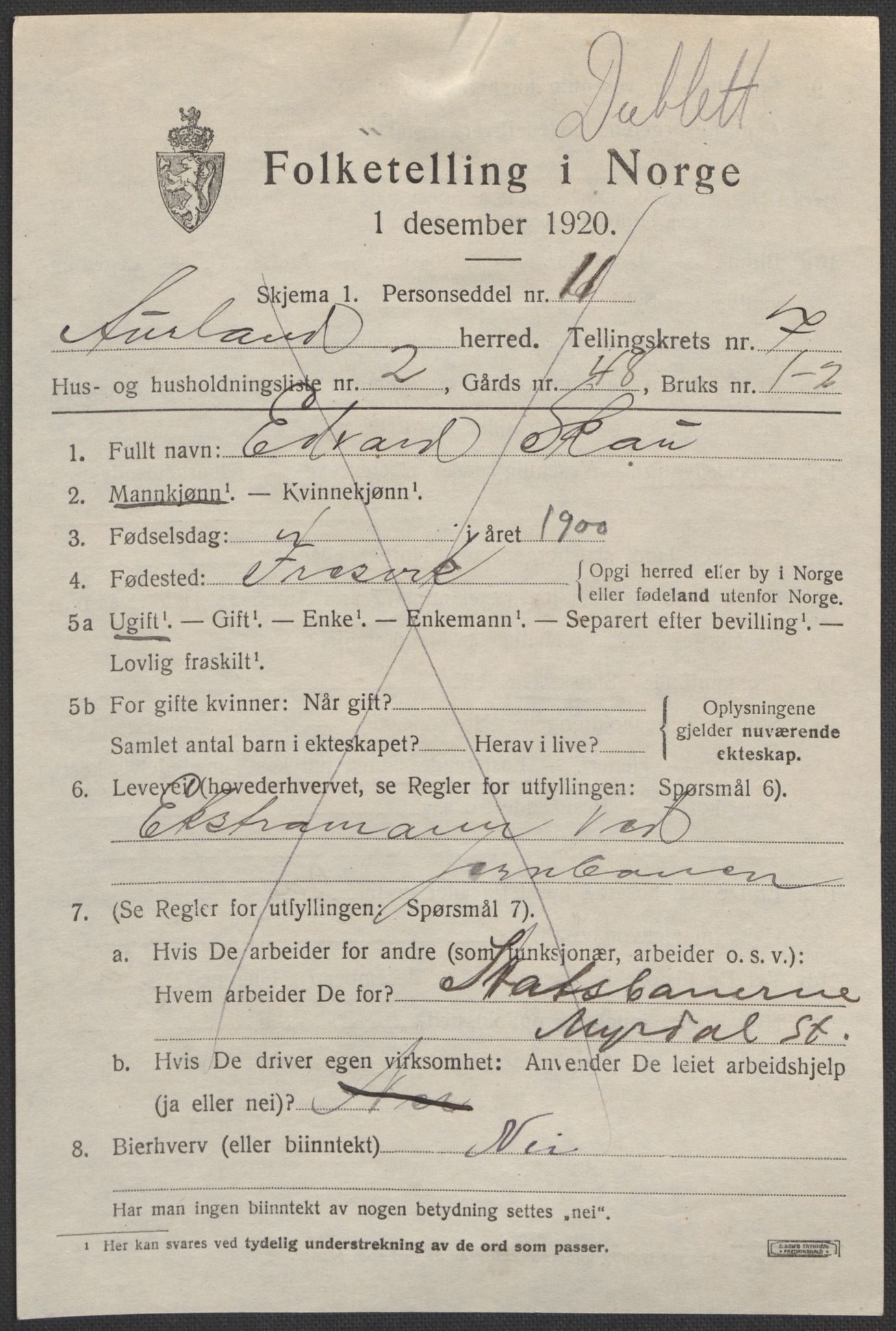 SAB, 1920 census for Aurland, 1920, p. 26