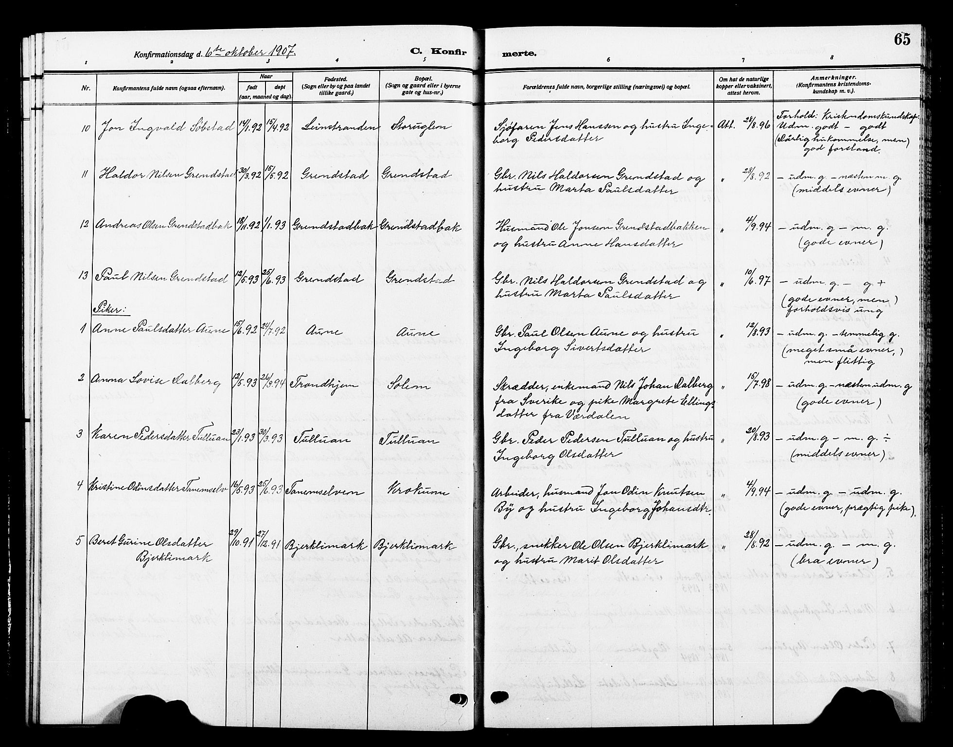 Ministerialprotokoller, klokkerbøker og fødselsregistre - Sør-Trøndelag, SAT/A-1456/618/L0453: Parish register (copy) no. 618C04, 1907-1925, p. 65