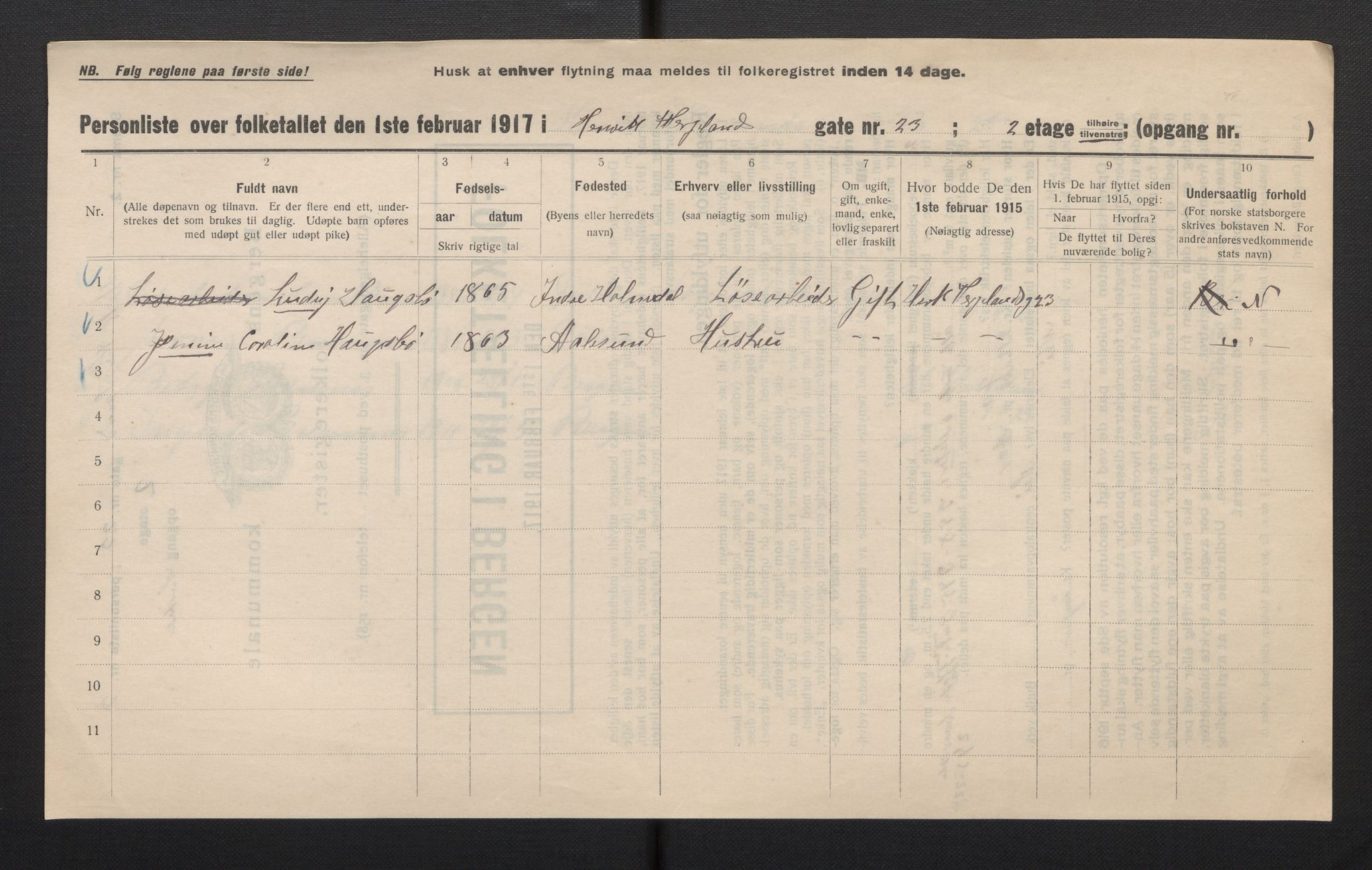 SAB, Municipal Census 1917 for Bergen, 1917, p. 14274