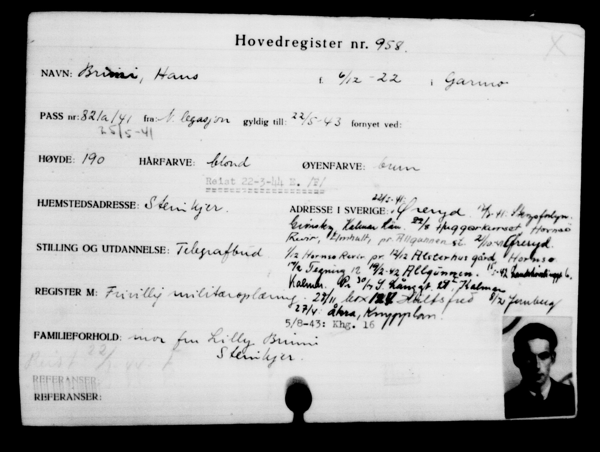 Utenriksstasjonene, Legasjonen i Stockholm, Flyktningkontoret, AV/RA-S-6753/V/Va/L0001: Kjesäterkartoteket, flyktninger med registreringsnr. 1-1000, 1940-1945, p. 1489
