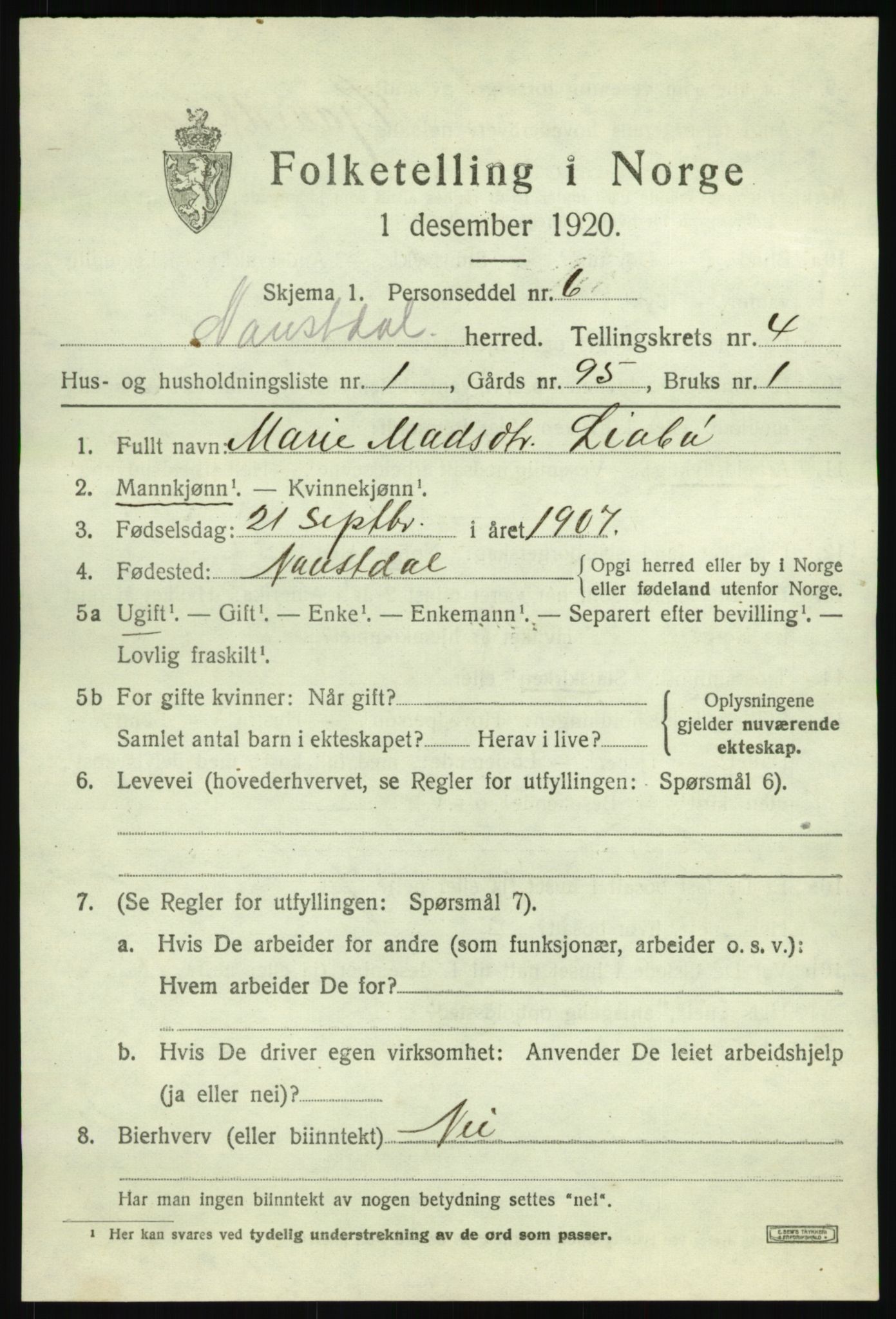 SAB, 1920 census for Naustdal, 1920, p. 2361