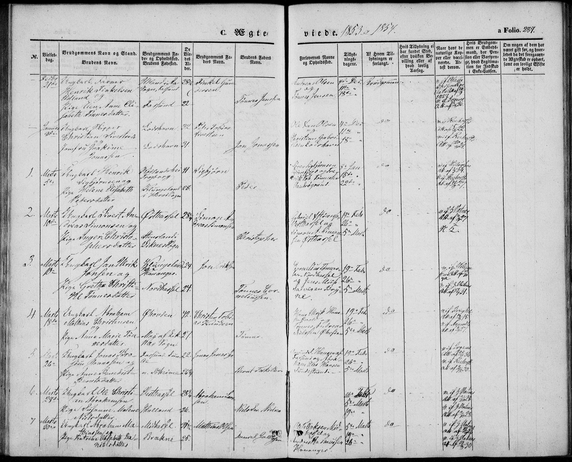Lista sokneprestkontor, AV/SAK-1111-0027/F/Fb/L0002: Parish register (copy) no. B 2, 1847-1862, p. 287
