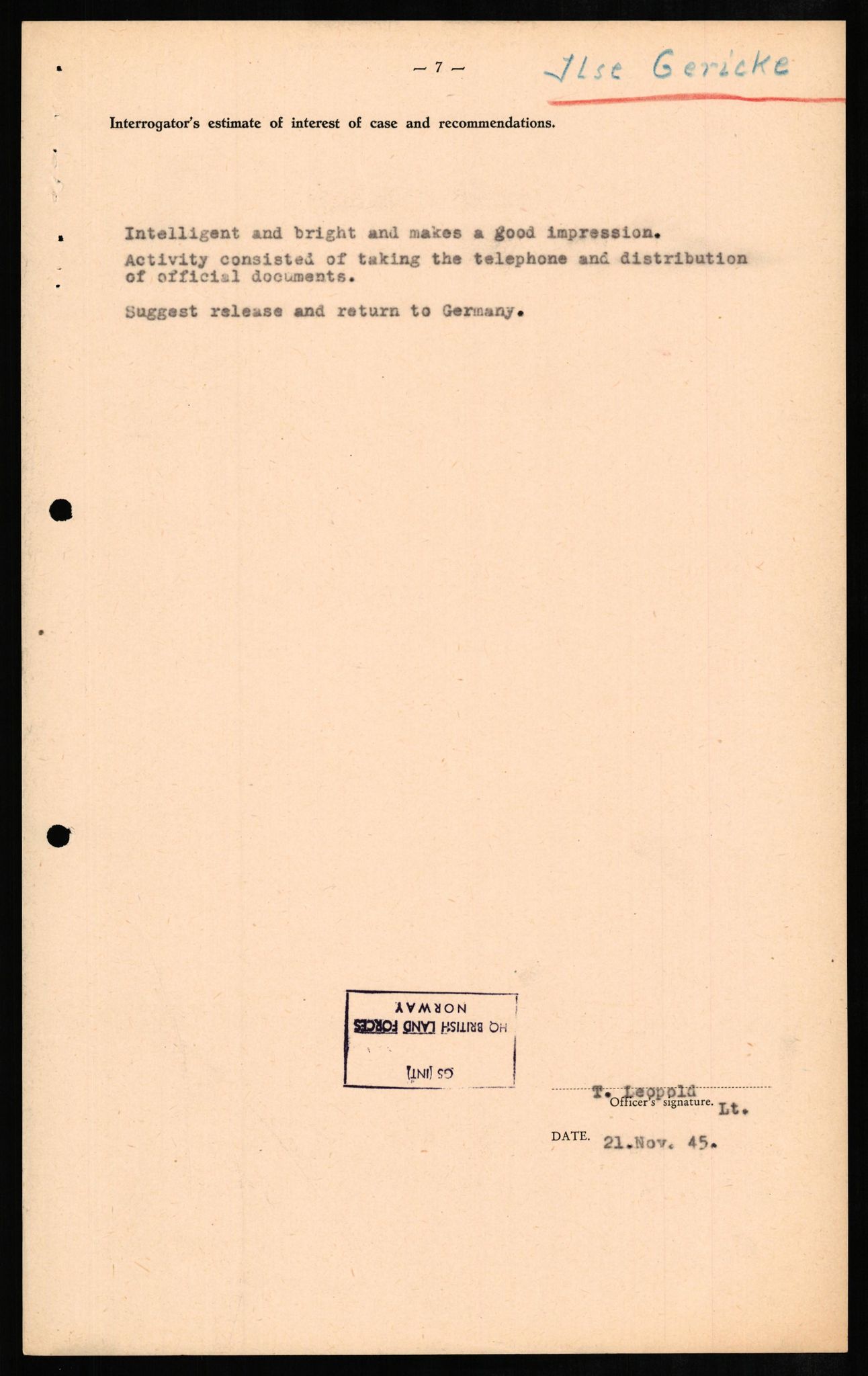 Forsvaret, Forsvarets overkommando II, AV/RA-RAFA-3915/D/Db/L0009: CI Questionaires. Tyske okkupasjonsstyrker i Norge. Tyskere., 1945-1946, p. 395