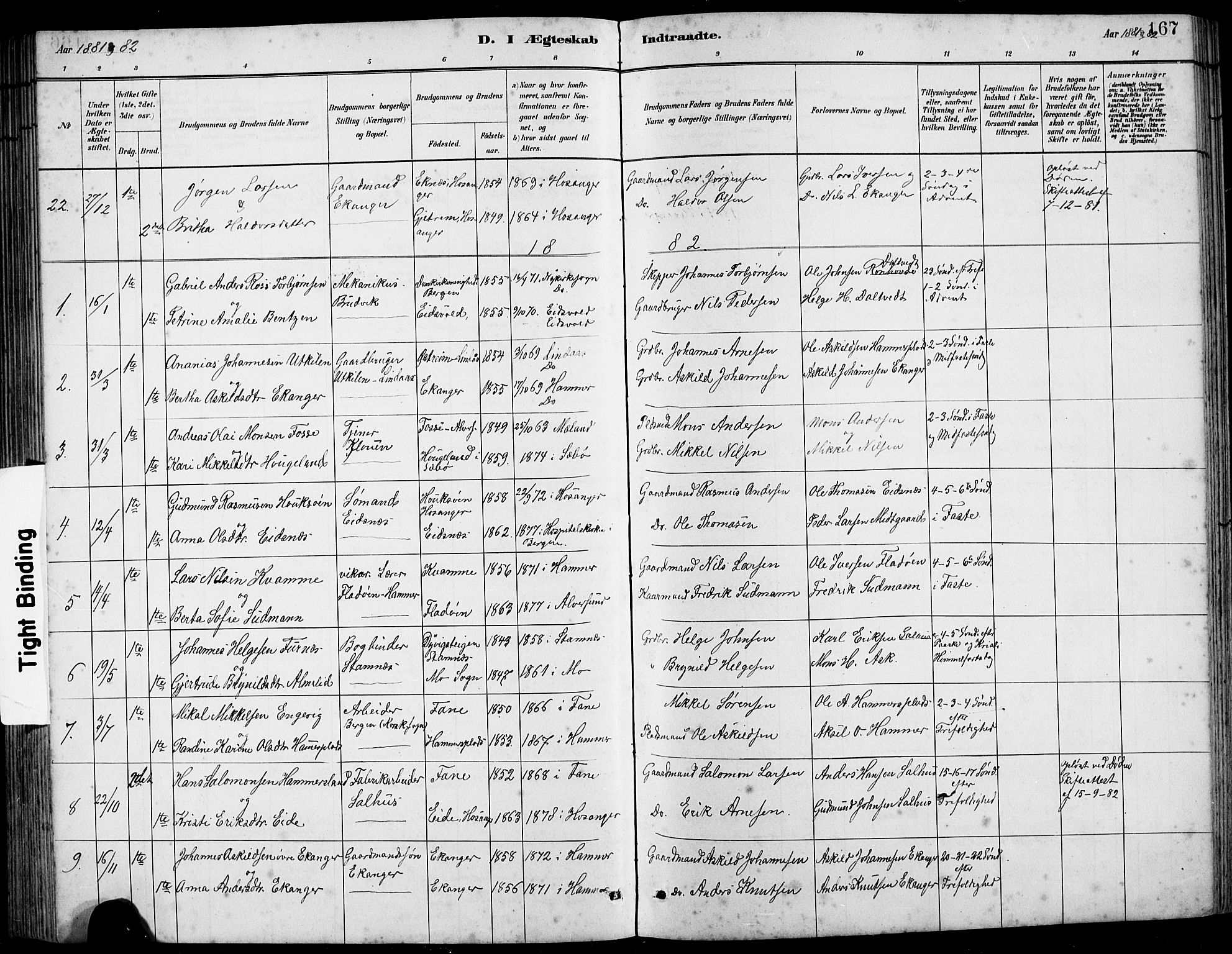 Hamre sokneprestembete, SAB/A-75501/H/Ha/Hab: Parish register (copy) no. B 3, 1881-1898, p. 167
