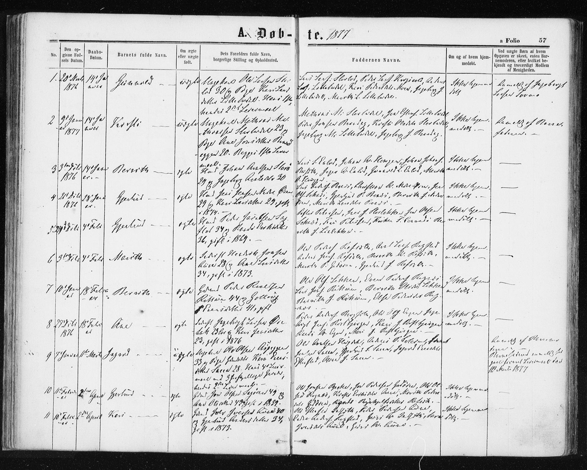 Ministerialprotokoller, klokkerbøker og fødselsregistre - Sør-Trøndelag, SAT/A-1456/687/L1001: Parish register (official) no. 687A07, 1863-1878, p. 57