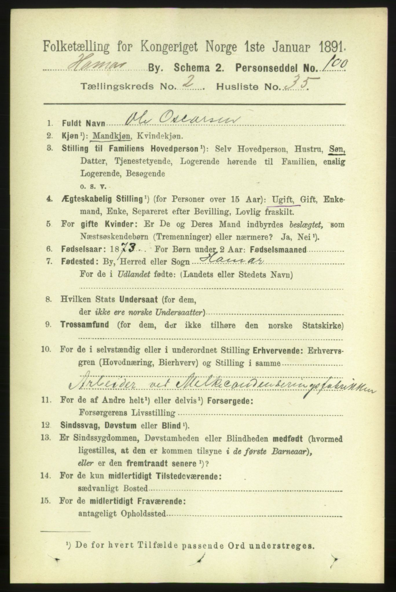 RA, 1891 census for 0401 Hamar, 1891, p. 1565