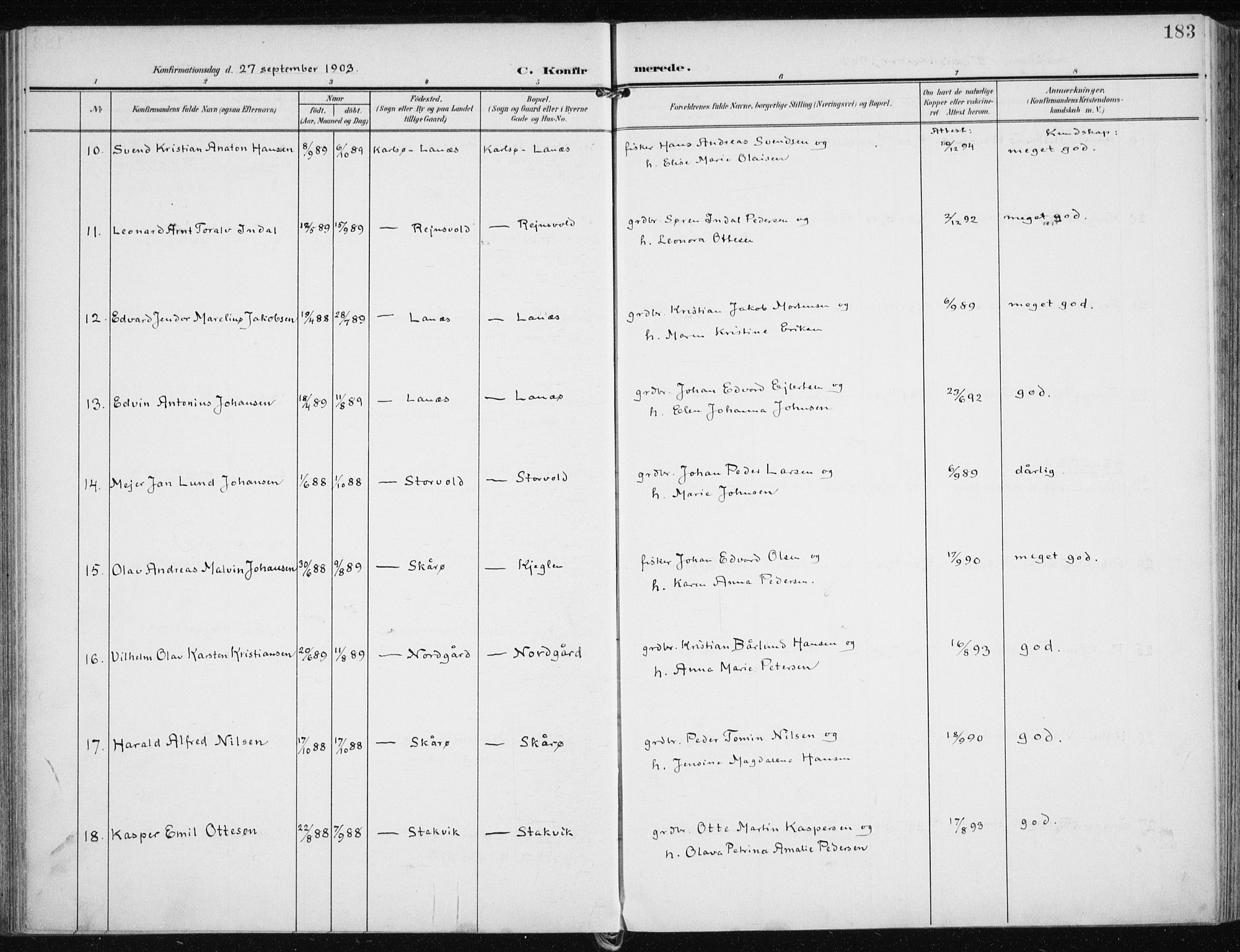 Karlsøy sokneprestembete, AV/SATØ-S-1299/H/Ha/Haa/L0014kirke: Parish register (official) no. 14, 1903-1917, p. 183