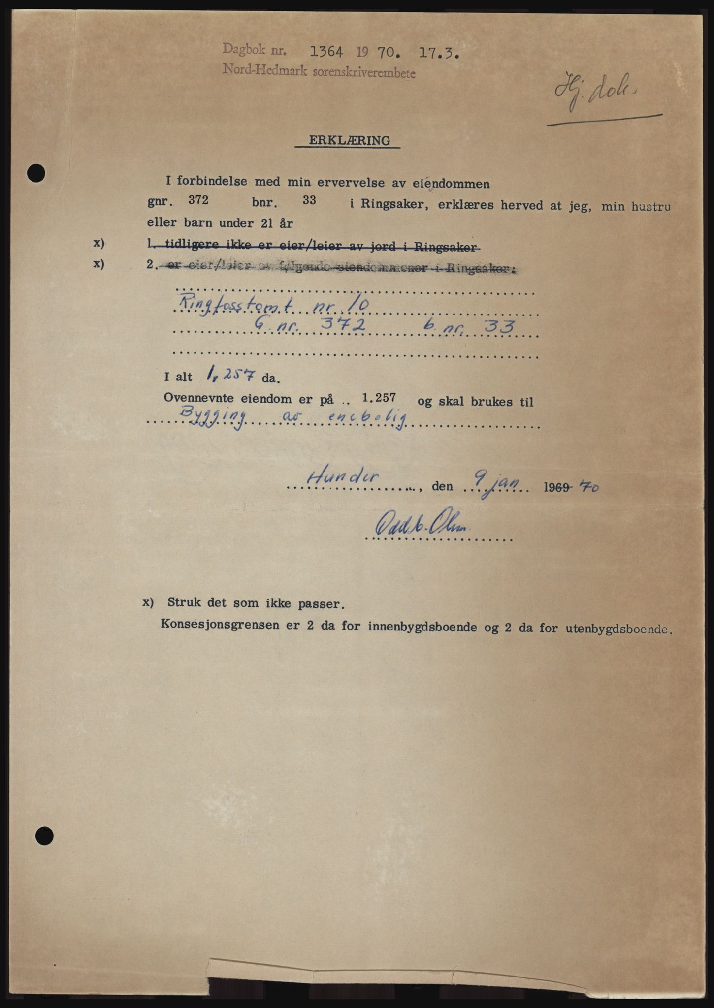 Nord-Hedmark sorenskriveri, SAH/TING-012/H/Hc/L0033: Mortgage book no. 33, 1970-1970, Diary no: : 1364/1970