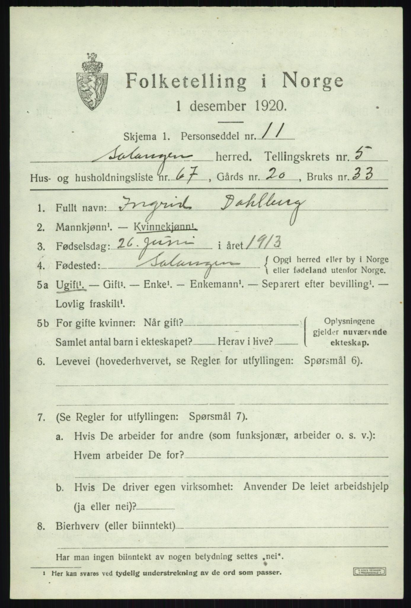 SATØ, 1920 census for Salangen, 1920, p. 4200
