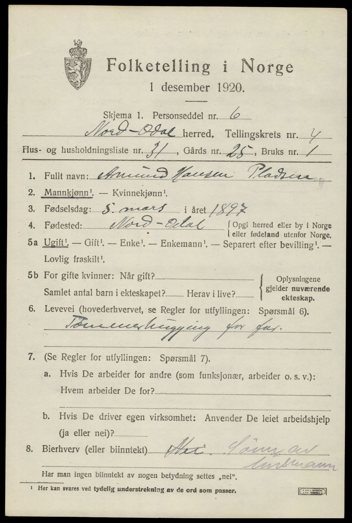 SAH, 1920 census for Nord-Odal, 1920, p. 5017