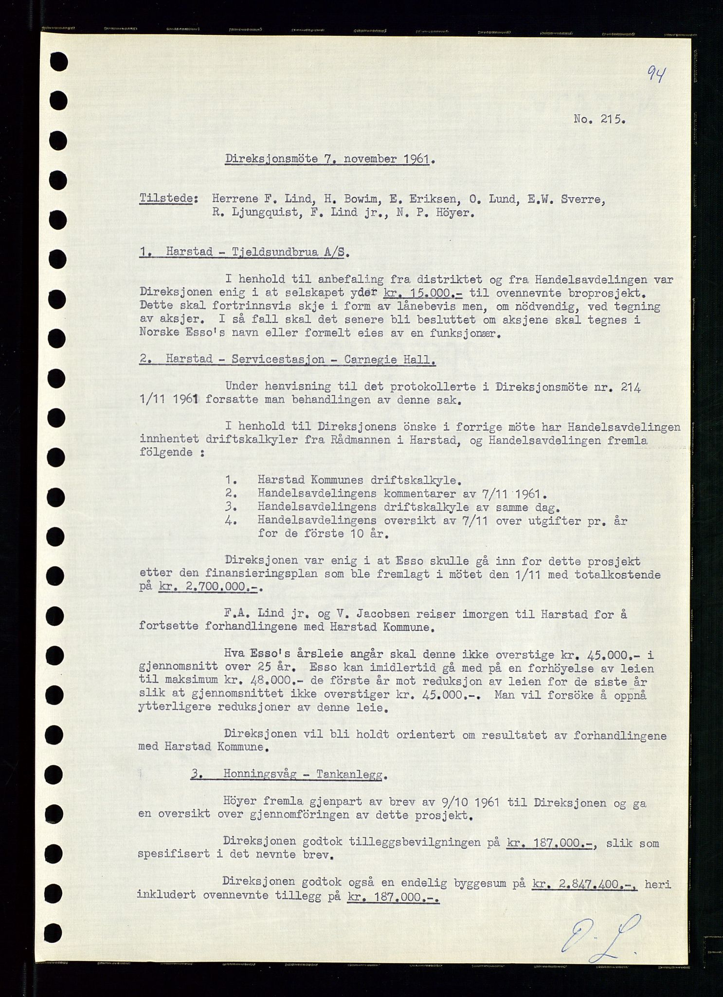 Pa 0982 - Esso Norge A/S, AV/SAST-A-100448/A/Aa/L0001/0002: Den administrerende direksjon Board minutes (styrereferater) / Den administrerende direksjon Board minutes (styrereferater), 1960-1961, p. 143