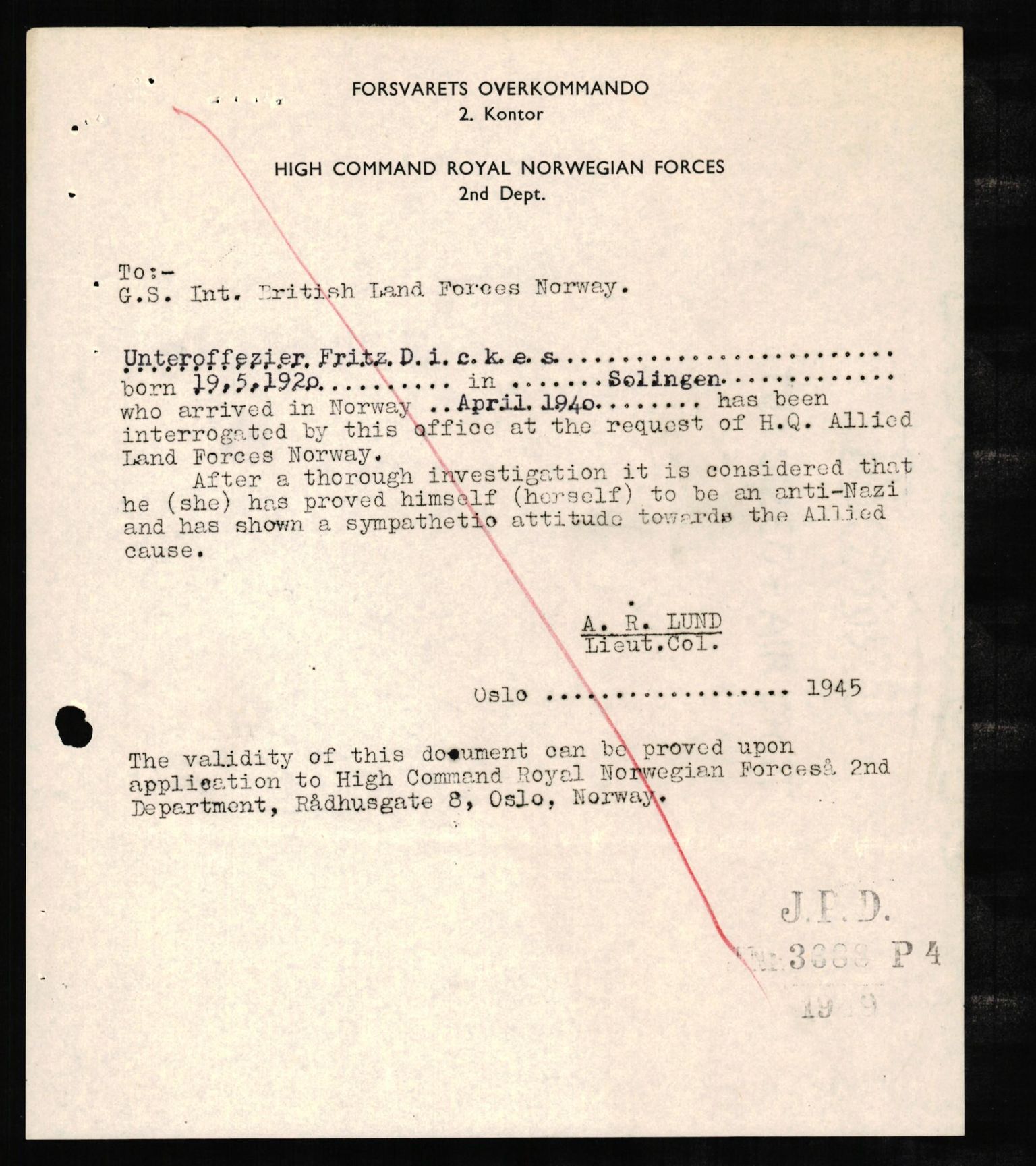 Forsvaret, Forsvarets overkommando II, AV/RA-RAFA-3915/D/Db/L0006: CI Questionaires. Tyske okkupasjonsstyrker i Norge. Tyskere., 1945-1946, p. 9