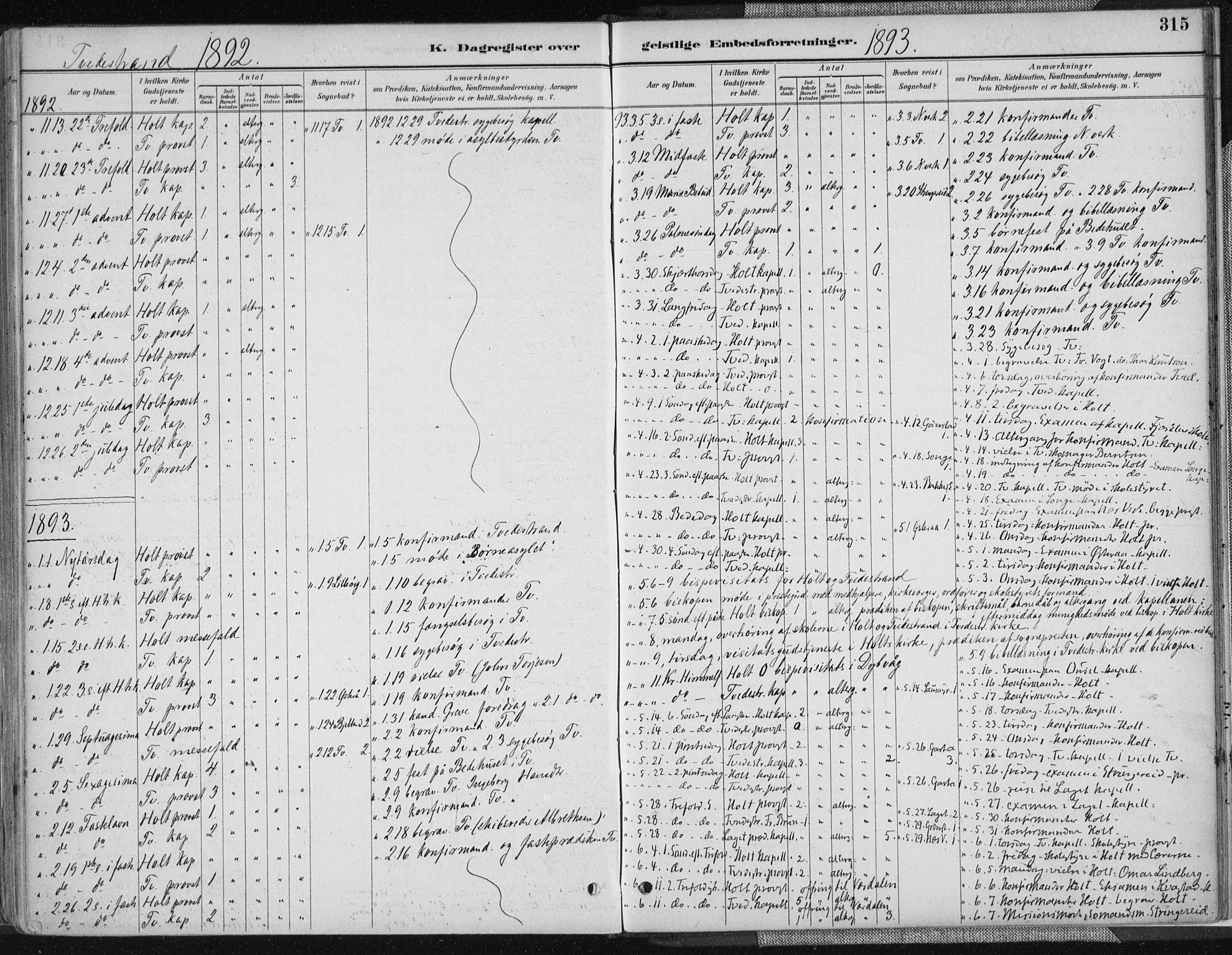 Tvedestrand sokneprestkontor, SAK/1111-0042/F/Fa/L0001: Parish register (official) no. A 1, 1885-1916, p. 315