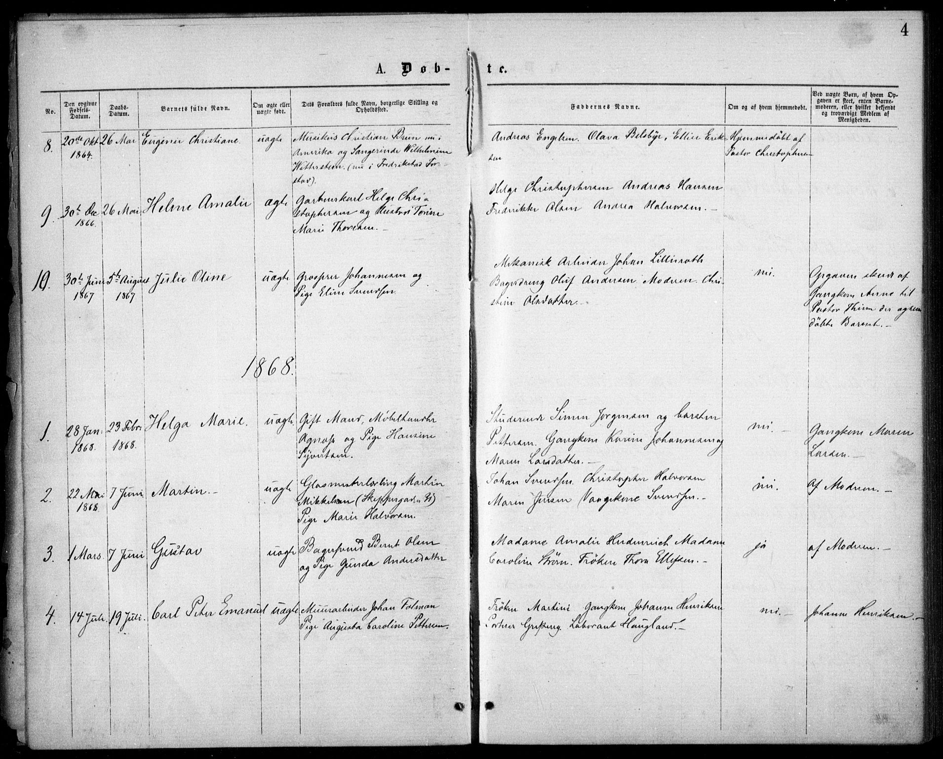 Krohgstøtten sykehusprest Kirkebøker, SAO/A-10854/F/Fa/L0001: Parish register (official) no. 1, 1865-1873, p. 4