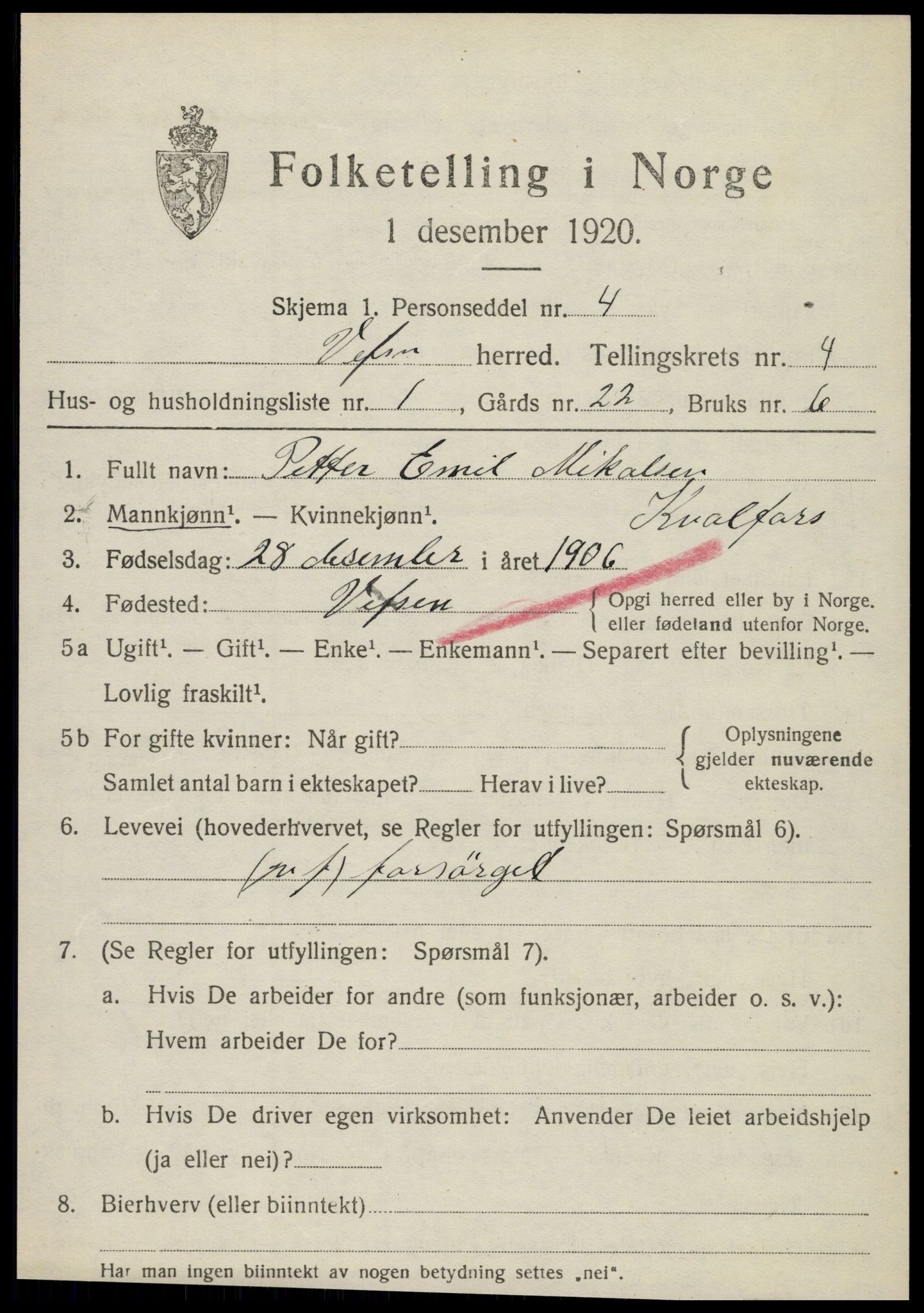 SAT, 1920 census for Vefsn, 1920, p. 2843