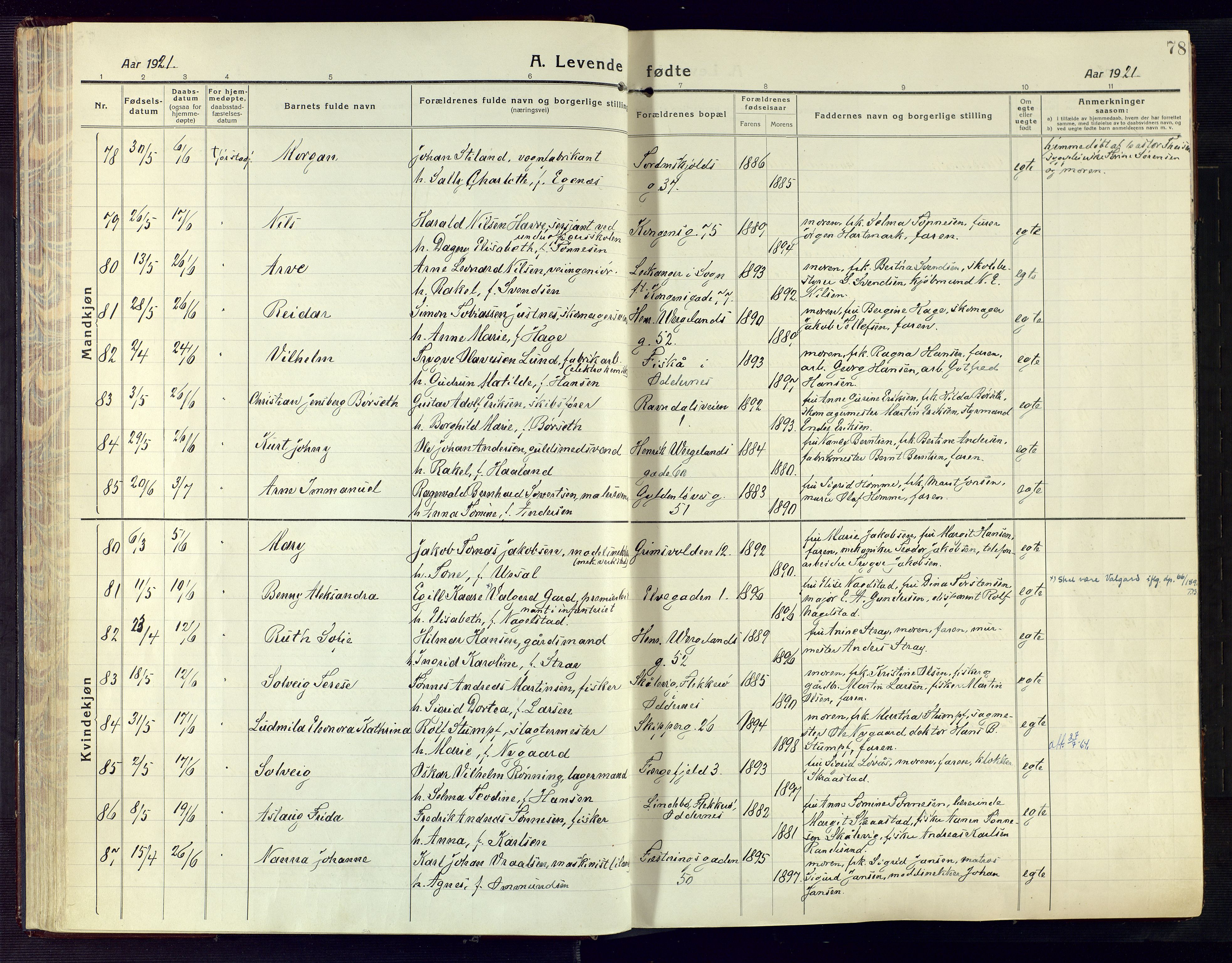 Kristiansand domprosti, SAK/1112-0006/F/Fa/L0024: Parish register (official) no. A 23, 1918-1928, p. 78