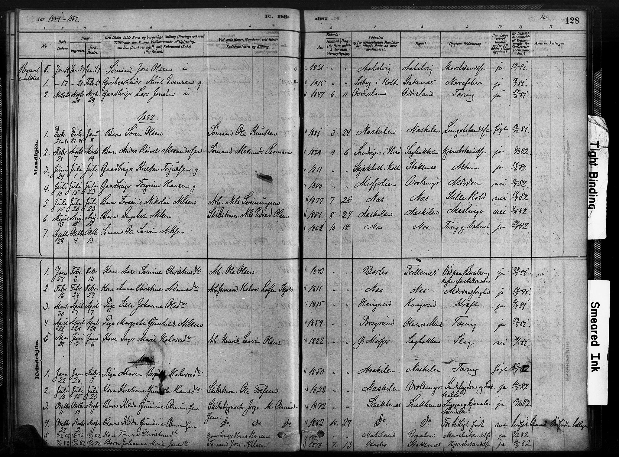 Austre Moland sokneprestkontor, SAK/1111-0001/F/Fa/Fab/L0001: Parish register (official) no. A 1, 1878-1898, p. 128