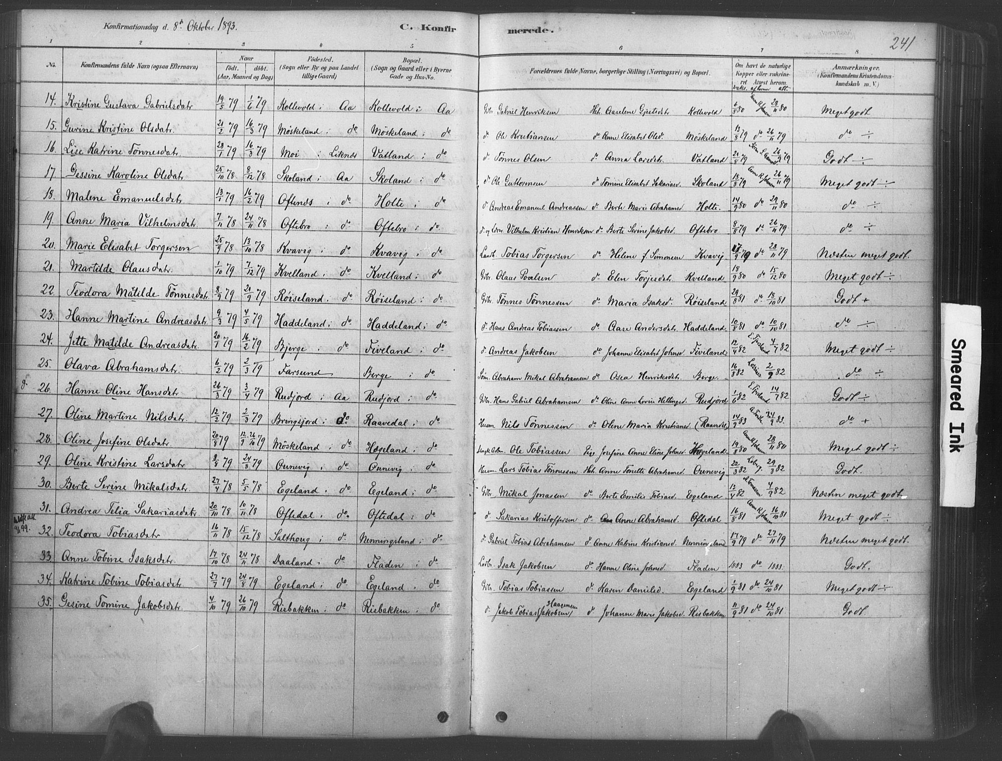 Lyngdal sokneprestkontor, AV/SAK-1111-0029/F/Fa/Fac/L0011: Parish register (official) no. A 11, 1878-1893, p. 241