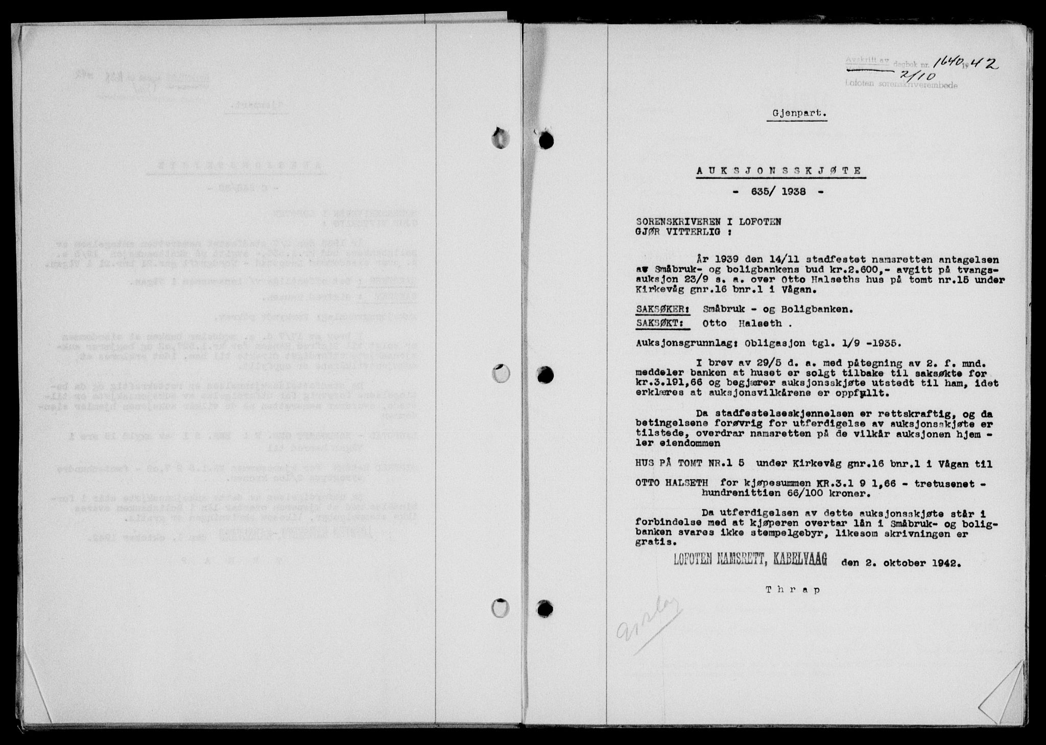 Lofoten sorenskriveri, SAT/A-0017/1/2/2C/L0010a: Mortgage book no. 10a, 1942-1943, Diary no: : 1640/1942