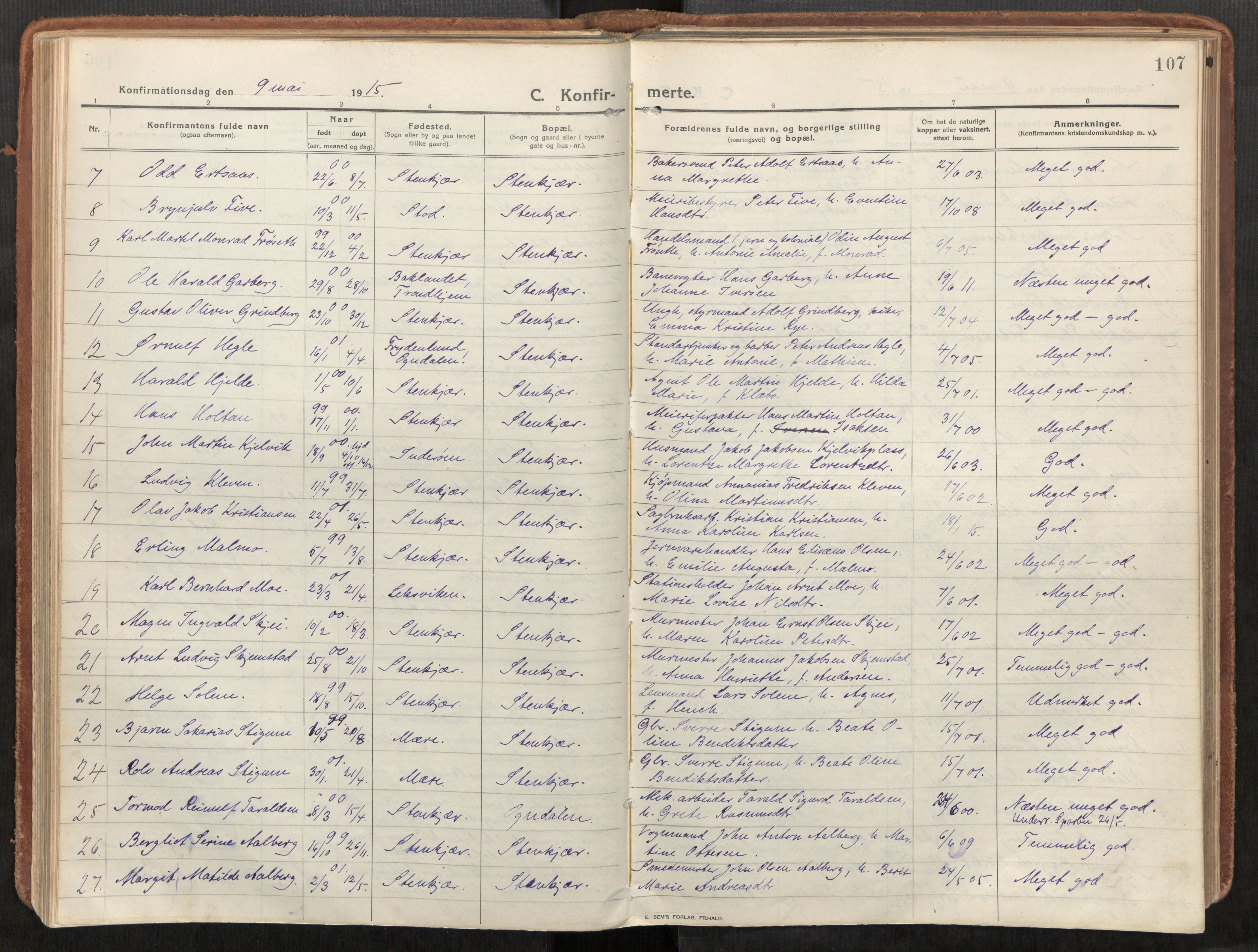 Steinkjer sokneprestkontor, AV/SAT-A-1541/01/H/Ha/Haa/L0003: Parish register (official) no. 3, 1913-1922, p. 107