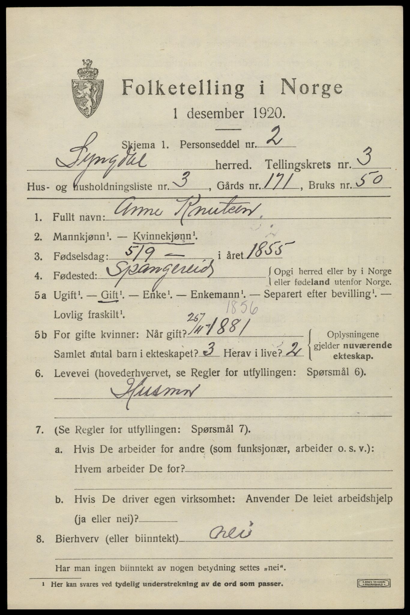 SAK, 1920 census for Lyngdal, 1920, p. 1939