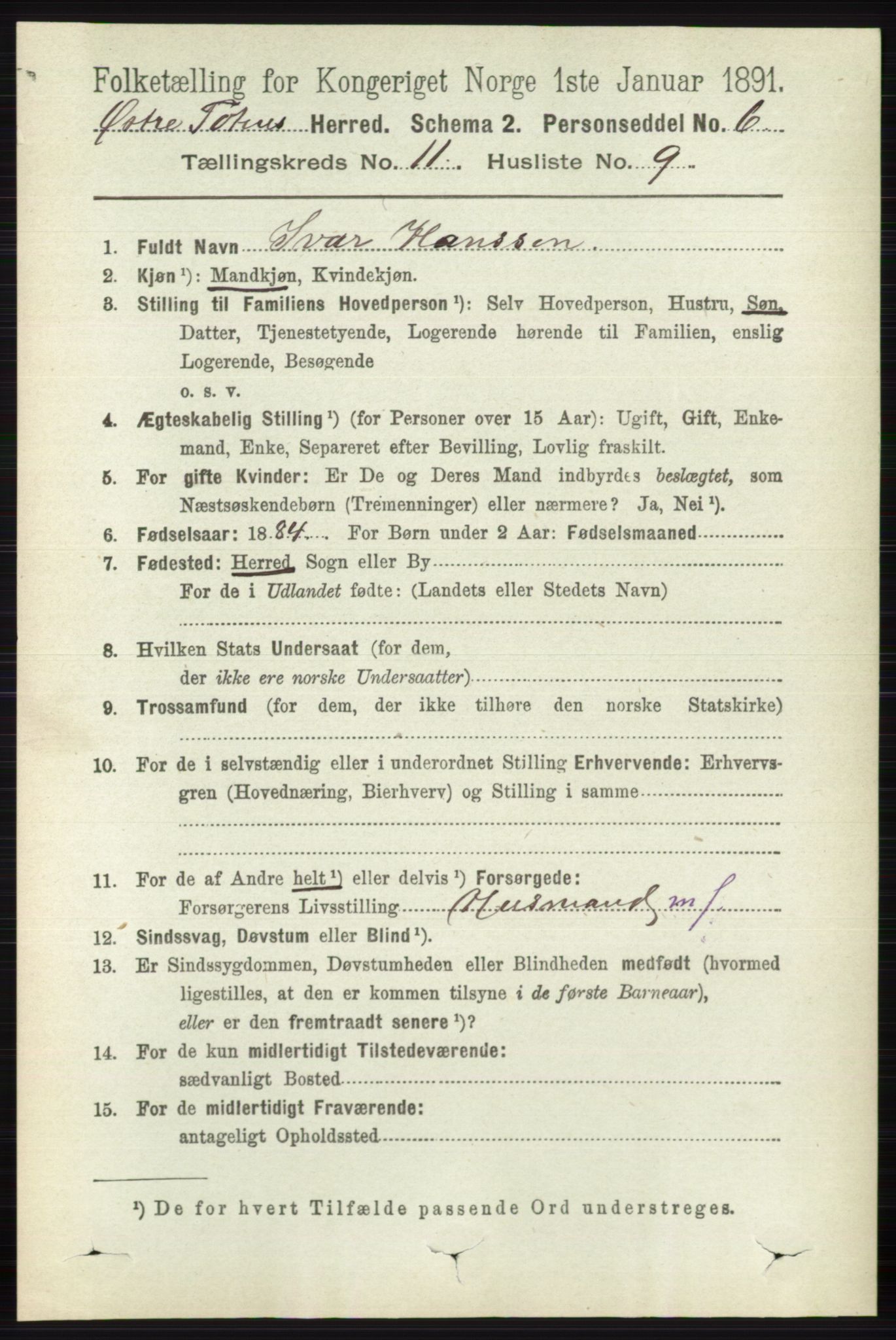 RA, 1891 census for 0528 Østre Toten, 1891, p. 6989
