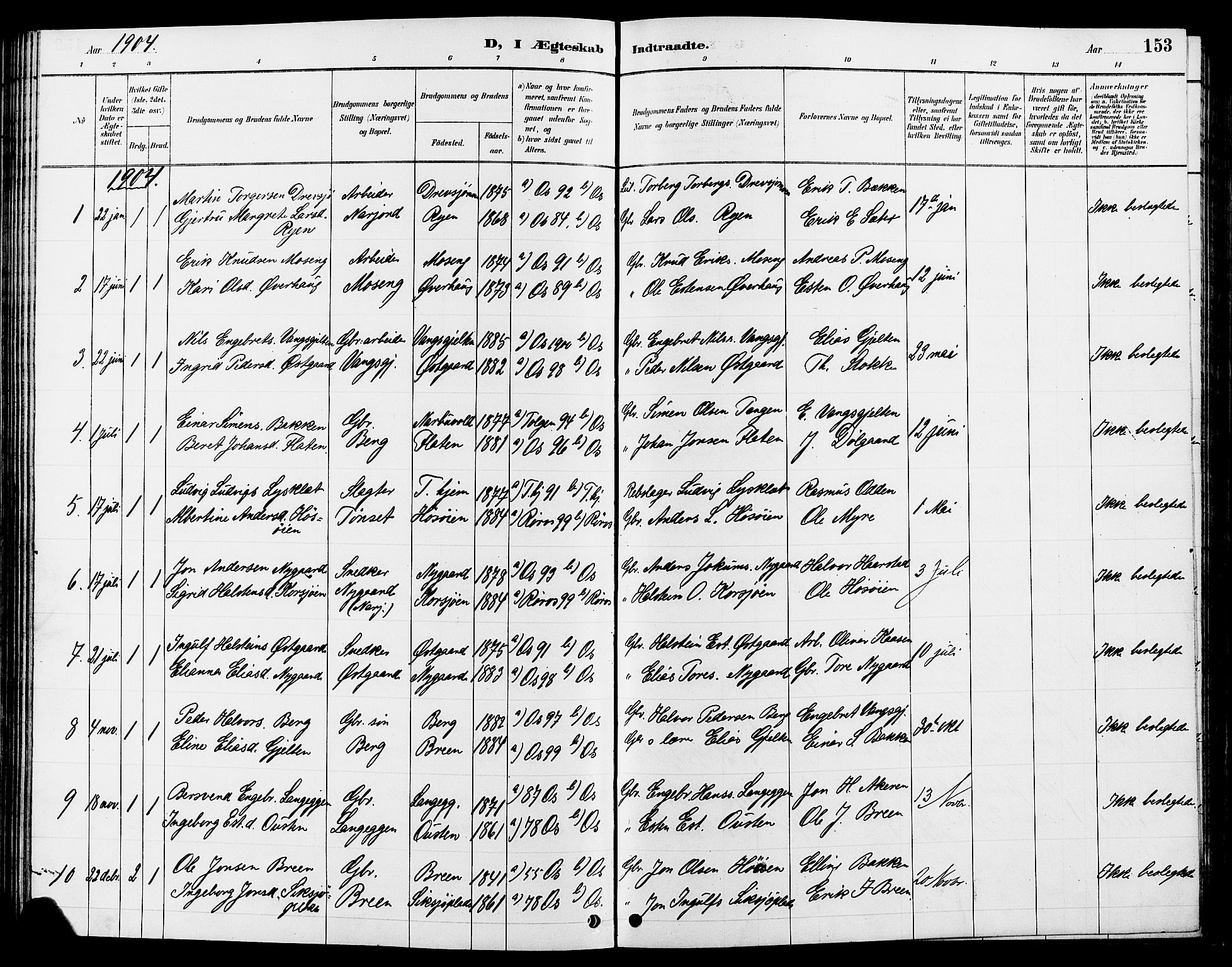 Tolga prestekontor, AV/SAH-PREST-062/L/L0008: Parish register (copy) no. 8, 1887-1912, p. 153