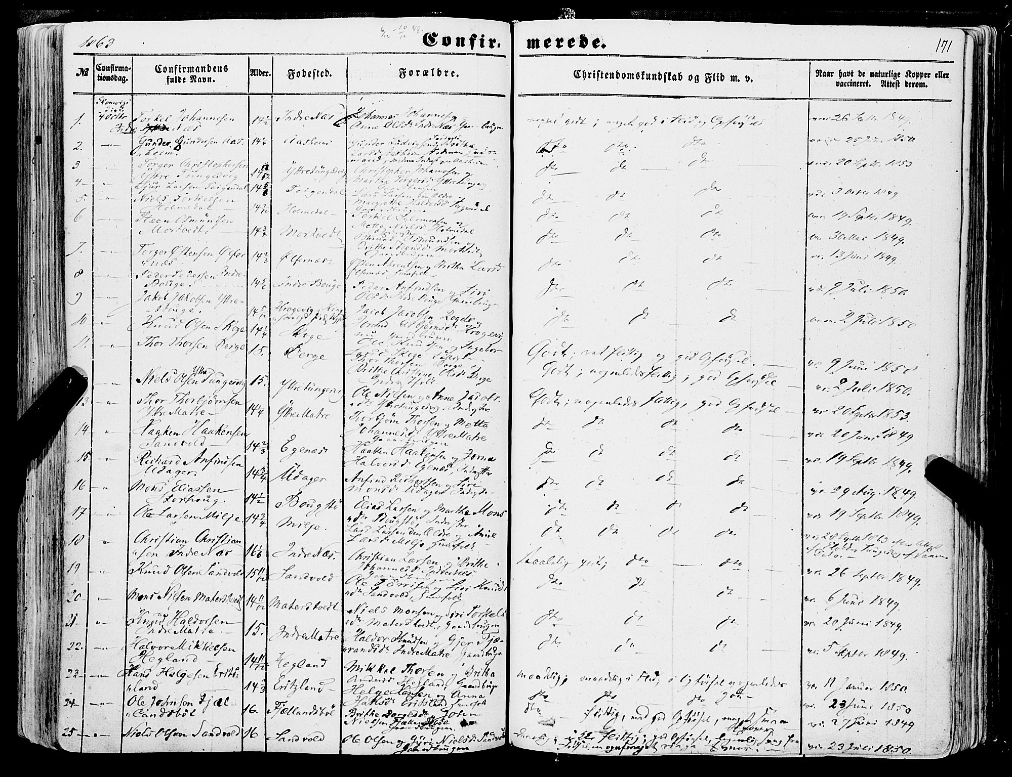 Skånevik sokneprestembete, SAB/A-77801/H/Haa: Parish register (official) no. A 5I, 1848-1869, p. 171