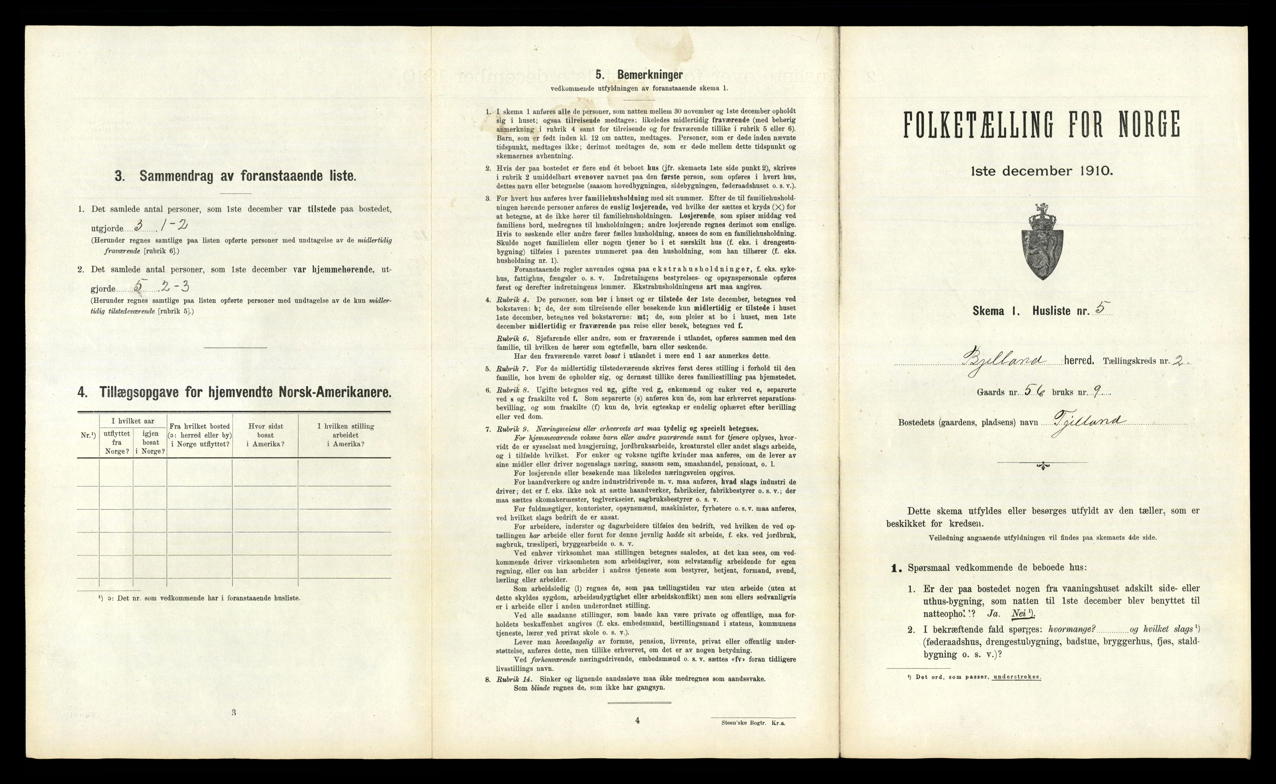 RA, 1910 census for Bjelland, 1910, p. 106