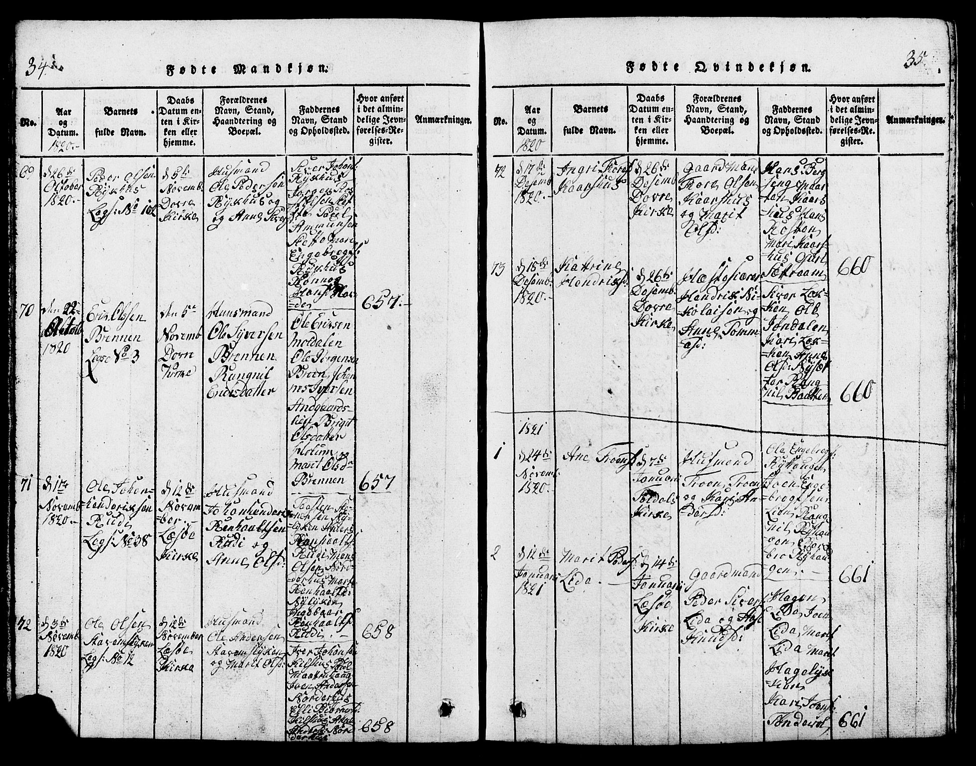 Lesja prestekontor, SAH/PREST-068/H/Ha/Hab/L0001: Parish register (copy) no. 1, 1820-1831, p. 34-35