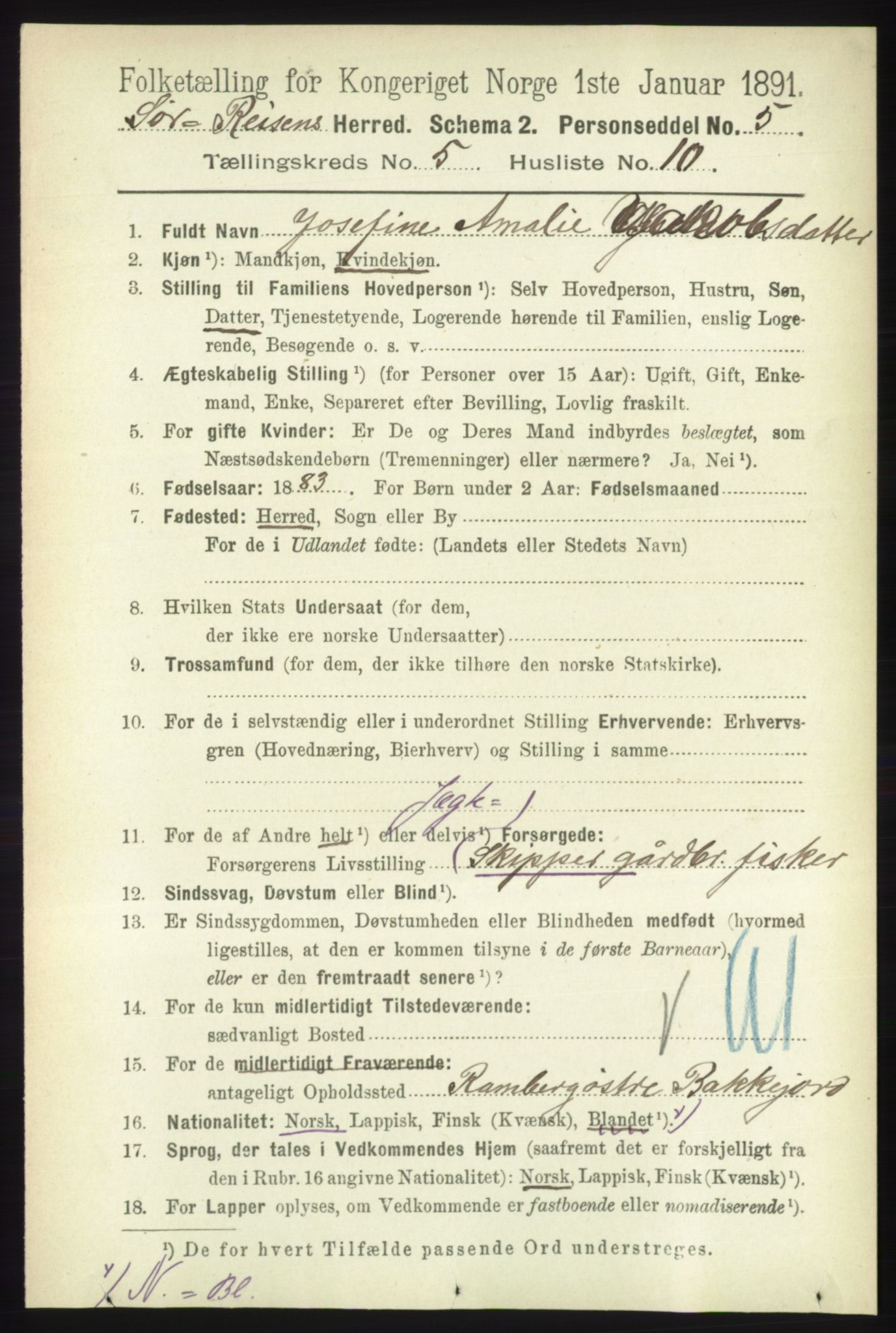 RA, 1891 census for 1925 Sørreisa, 1891, p. 1648