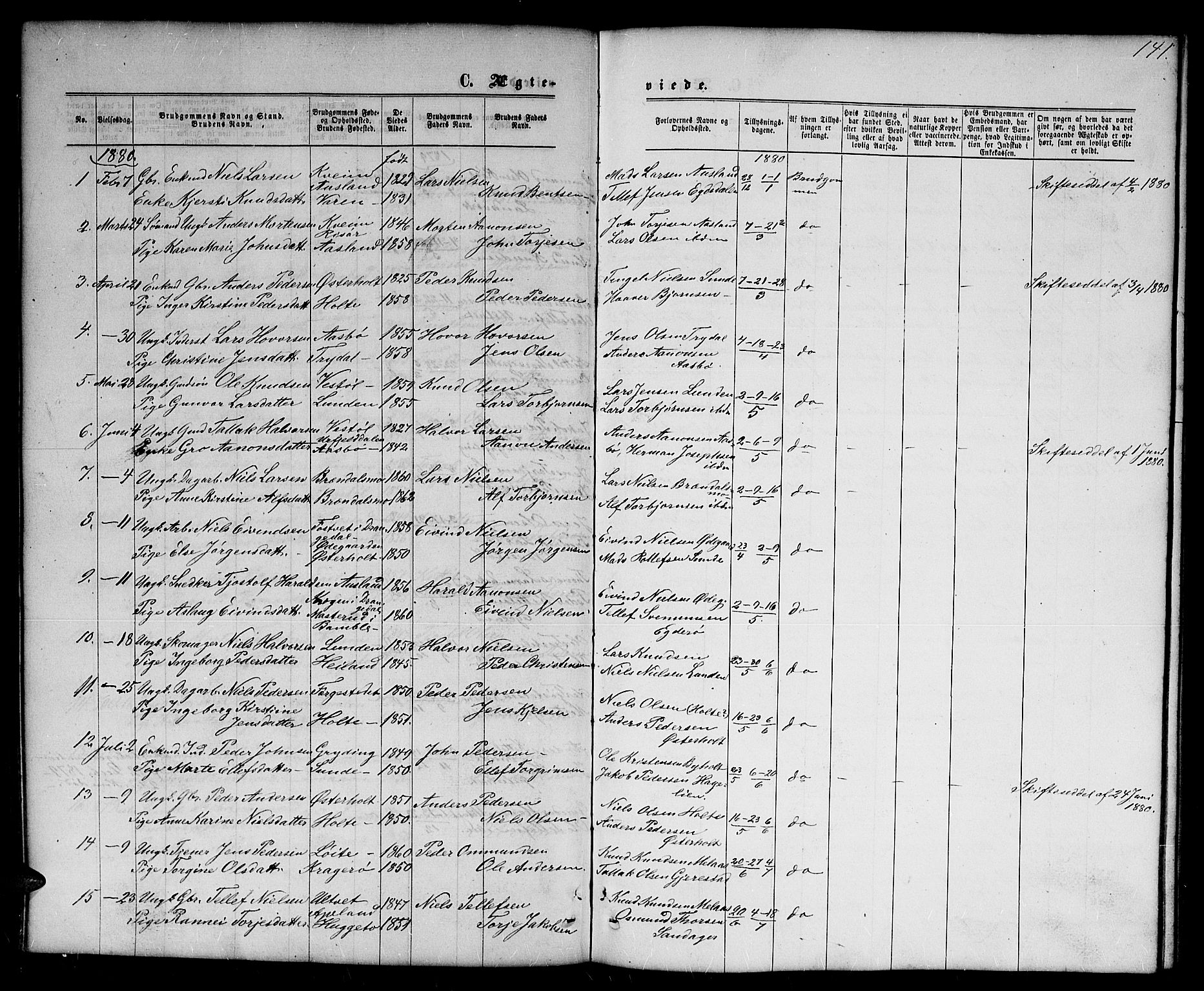 Gjerstad sokneprestkontor, AV/SAK-1111-0014/F/Fb/Fba/L0006: Parish register (copy) no. B 6, 1868-1890, p. 141