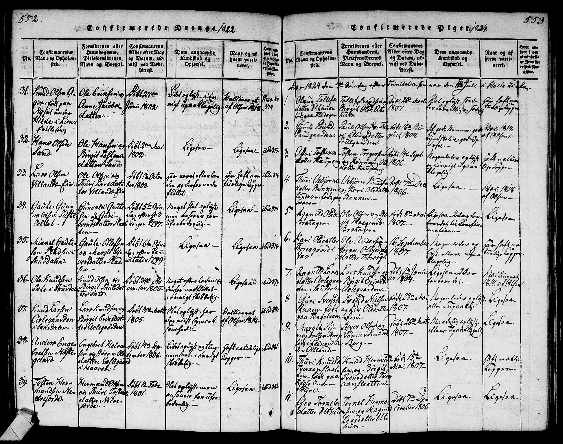 Ål kirkebøker, AV/SAKO-A-249/G/Ga/L0001: Parish register (copy) no. 1, 1815-1829, p. 552-553