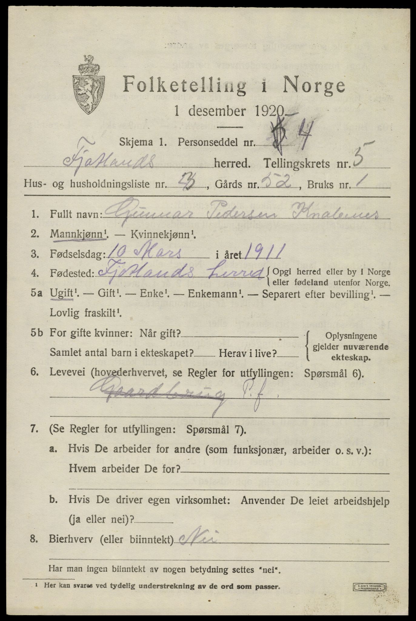 SAK, 1920 census for Fjotland, 1920, p. 1554