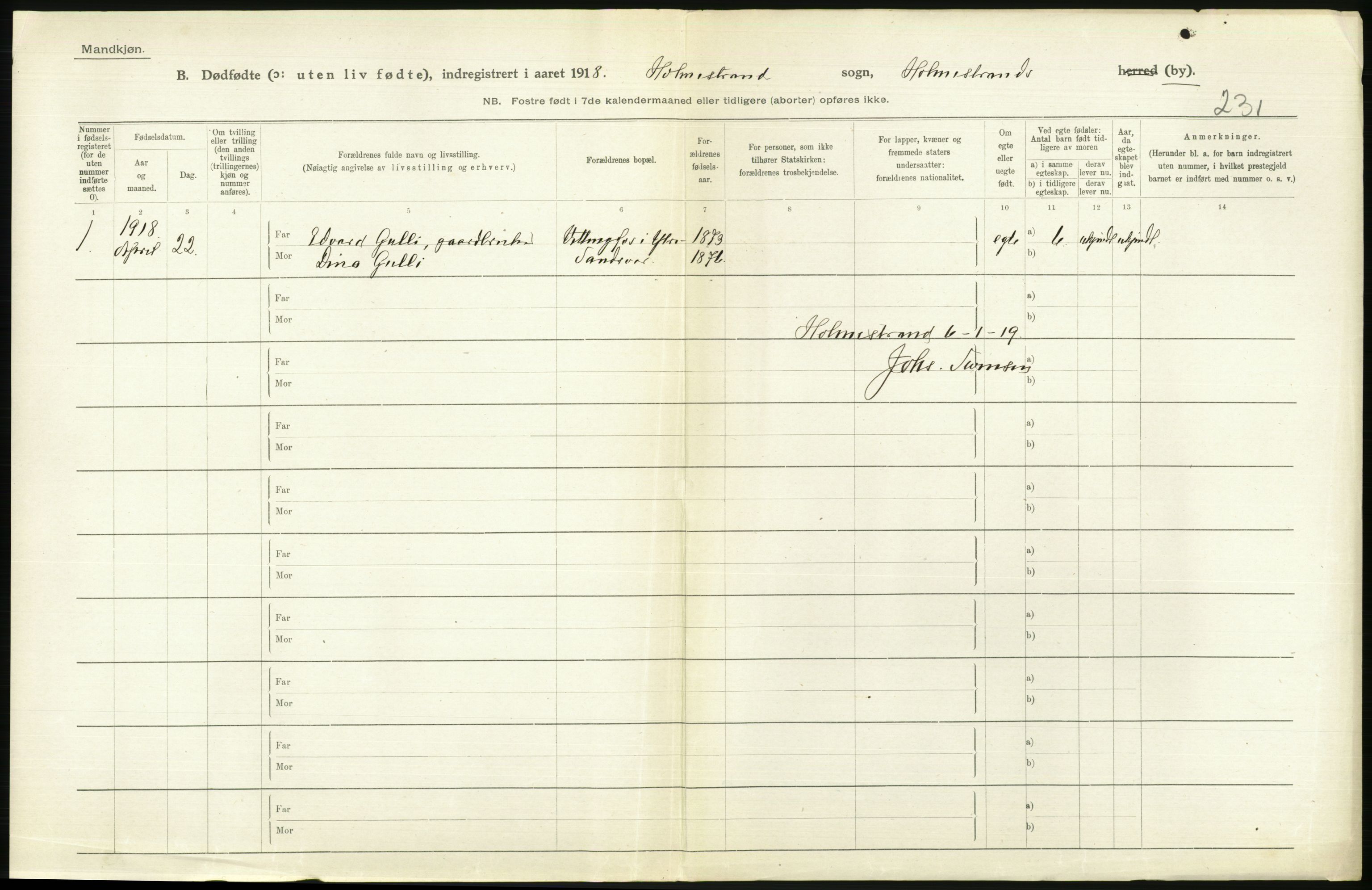 Statistisk sentralbyrå, Sosiodemografiske emner, Befolkning, RA/S-2228/D/Df/Dfb/Dfbh/L0022: Vestfold fylke: Gifte, dødfødte. Bygder og byer., 1918, p. 332