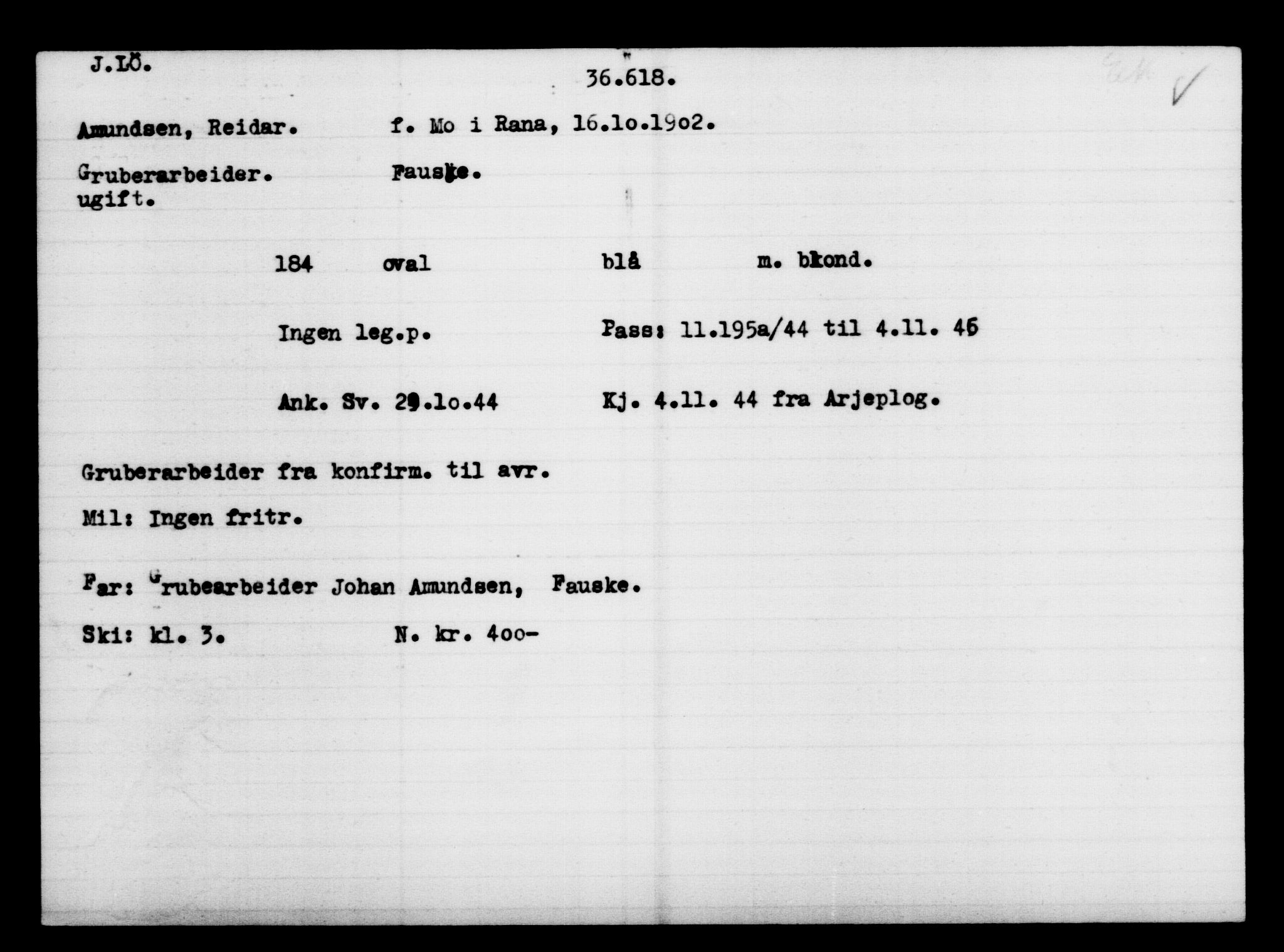 Utenriksstasjonene, Legasjonen i Stockholm, Flyktningkontoret, AV/RA-S-6753/V/Va/L0014: Kjesäterkartoteket, flyktninger med registreringsnr. 34700-37855, 1940-1945, p. 2015