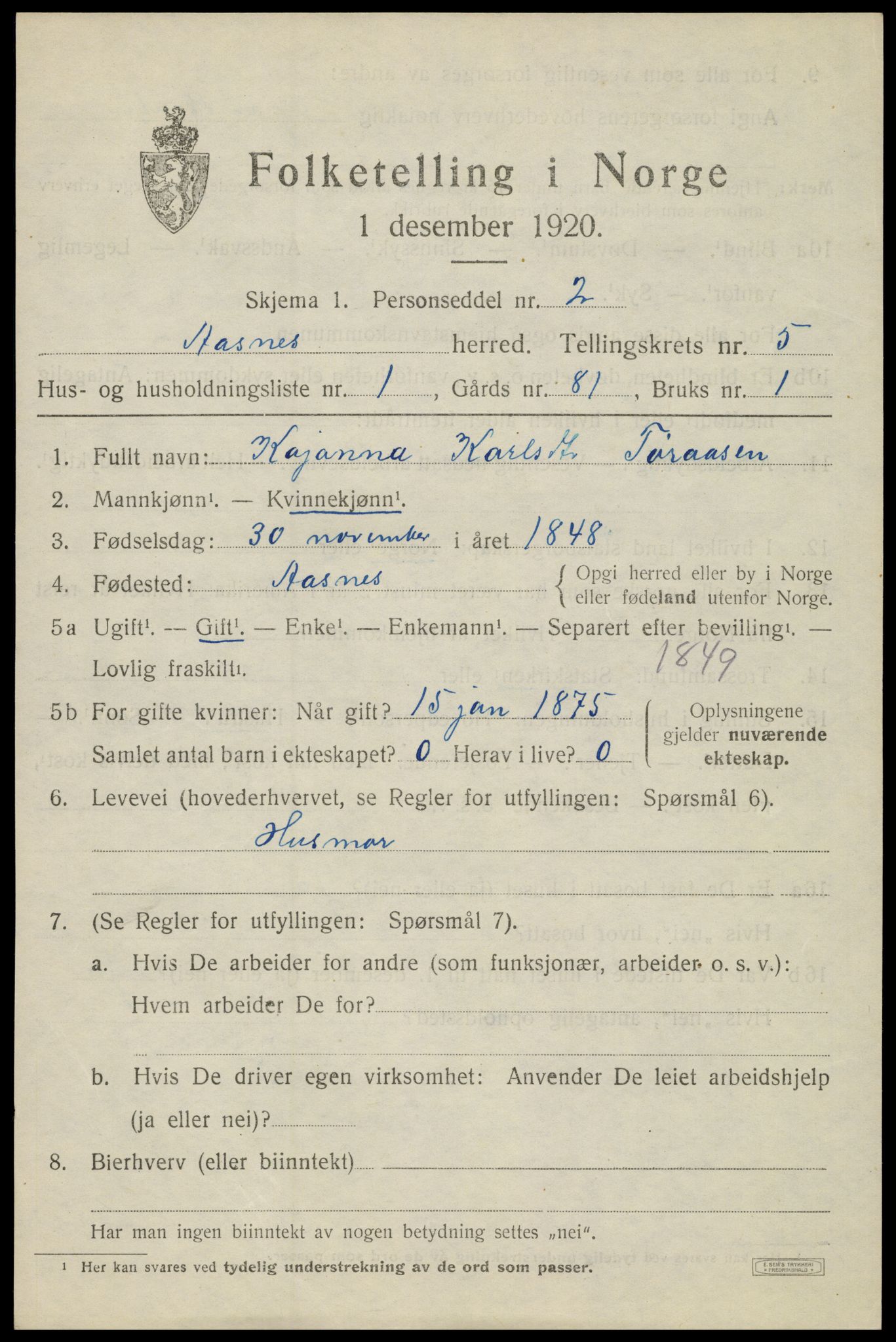 SAH, 1920 census for Åsnes, 1920, p. 6658